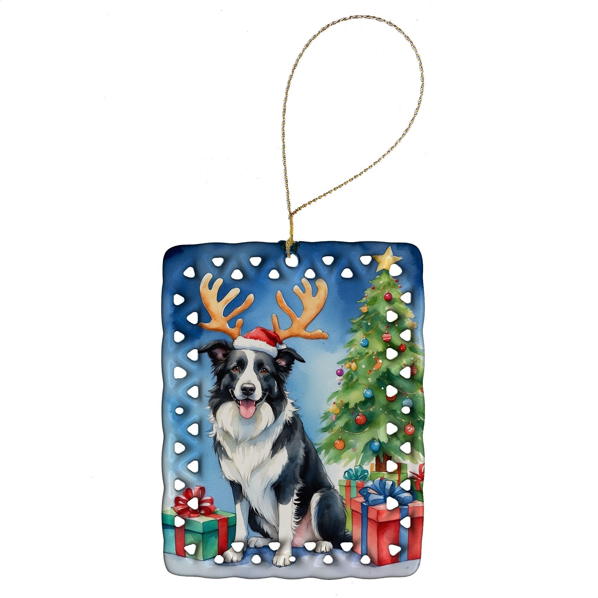 Border Collie Christmas Reindeer Porcelain Ornament - Handcrafted Holiday Tree Hanging Decor for Home, Festive Gift (Rectangle, Multicolor) | Perfect for Christmas Tree Decorations, Holiday Parties & Pet Lover Gifts
