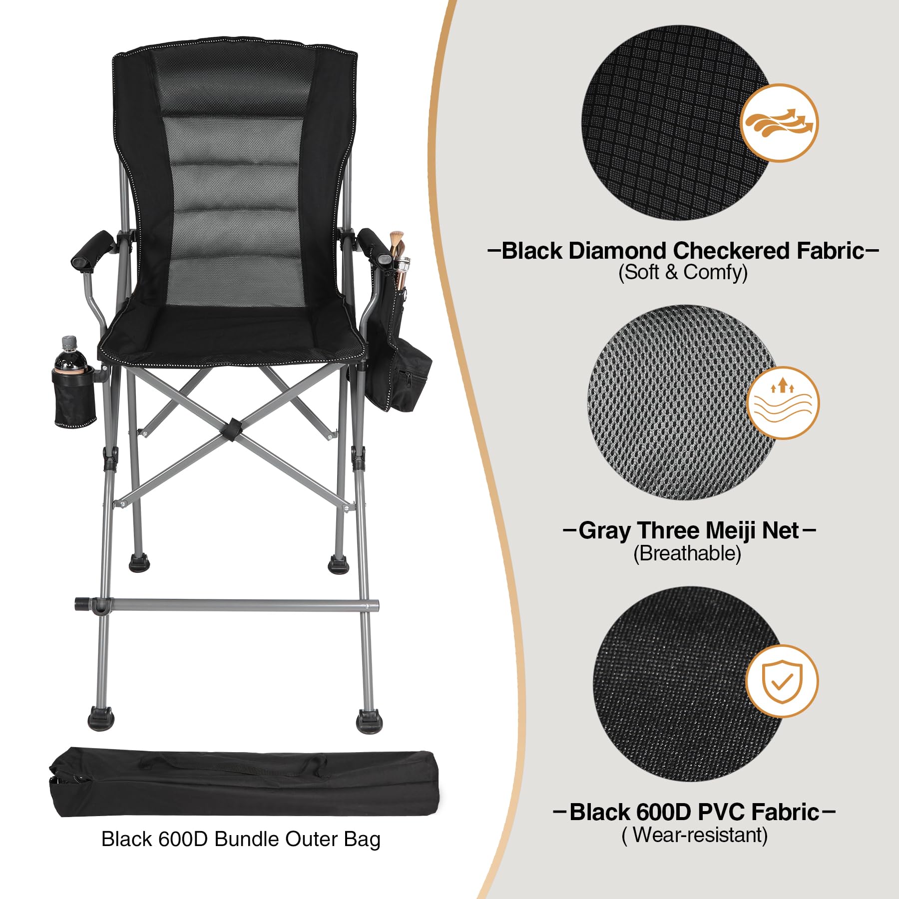 Extra Tall Folding Chairs for Adults 330lbs - Heavy Duty Portable Bar Height Director Chairs with High Back & Footrest - Comfortable Foldable Camping Chairs with Makeup Pocket - Perfect for Outdoor Events, BBQs, Beach, and Patio Use (Black)