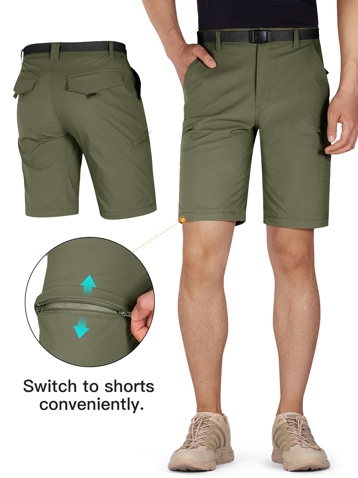 FREE SOLDIER Men's Outdoor Convertible Hiking Pants - Lightweight Quick-Dry Tactical Cargo Pants with Belt | Nylon Spandex Stretch Fabric | Perfect for Hiking, Camping & Outdoor Adventures
