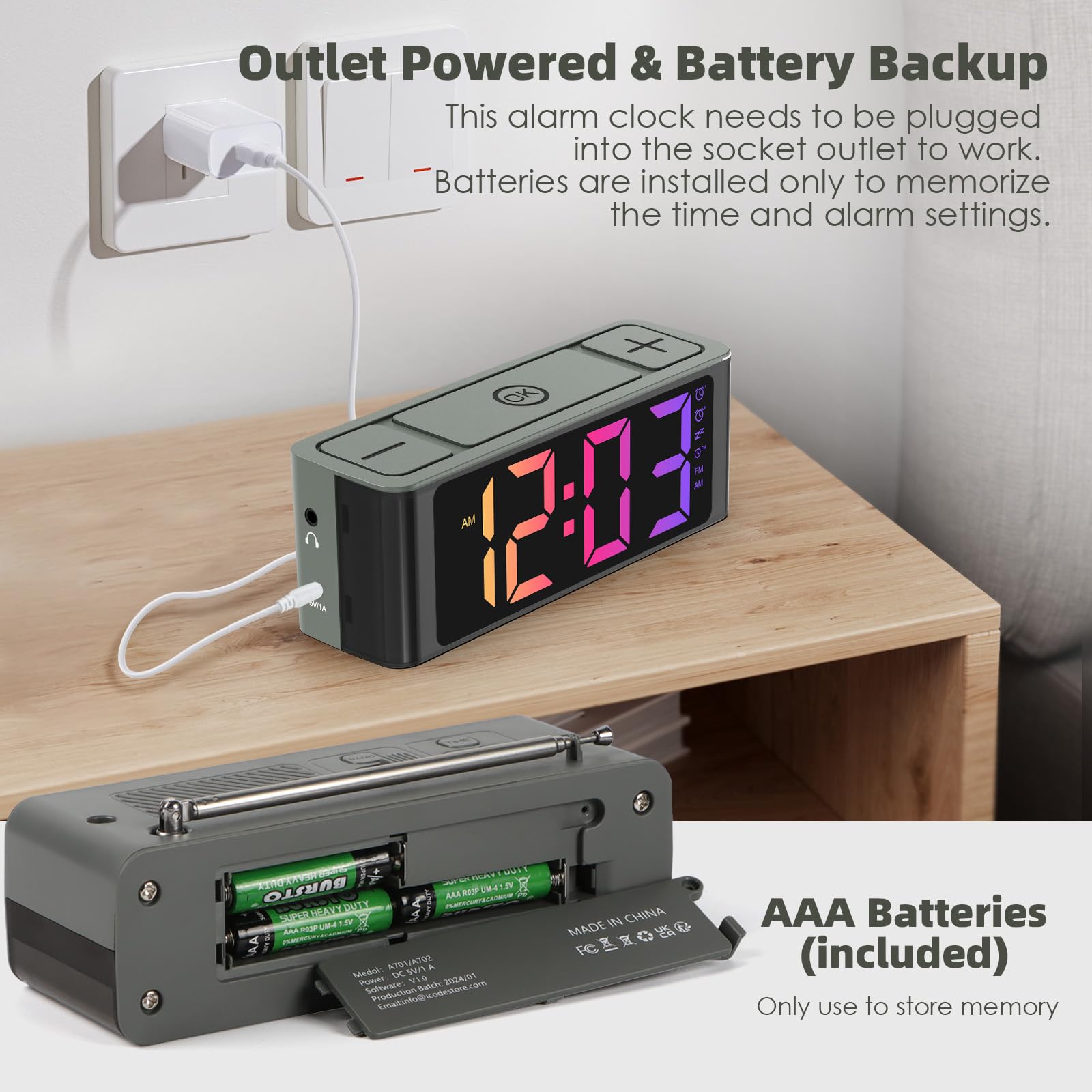 I·CODE Digital Alarm Clock with AM/FM Radio - Auto-On Timer, Dual Alarm, Snooze Function, Loud Alarm & Large RGB Display - Big Button Design for Easy Use - Perfect for Bedroom, Office, Dorm Room or Travel