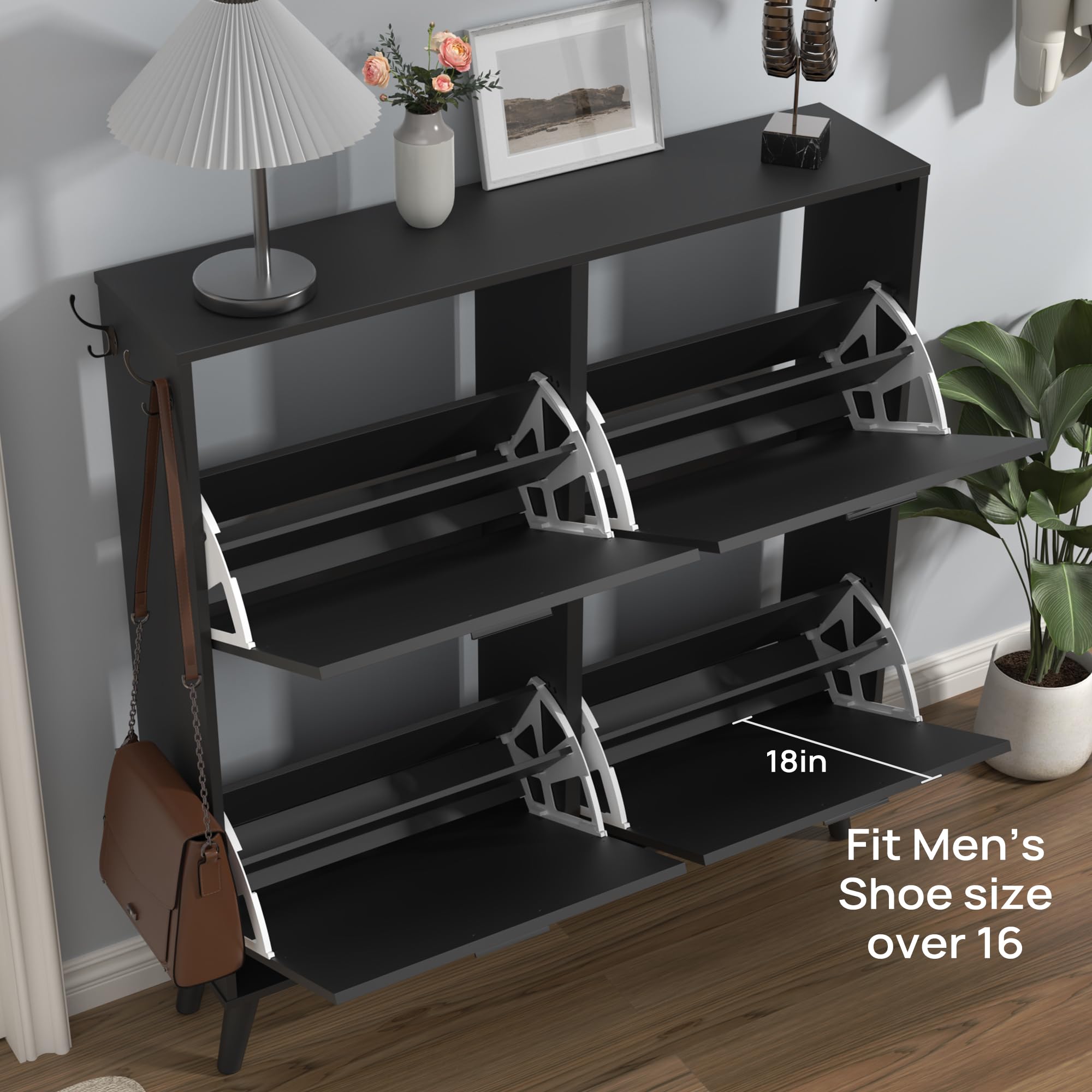 Large Black Shoe Cabinet for Size 16 Shoes - Freestanding 4-Drawer Shoe Organizer with Flip Doors - Narrow Wooden Shoe Rack for Entryway, Closet & Living Room - Perfect for Small Spaces and Shoe Storage Solutions