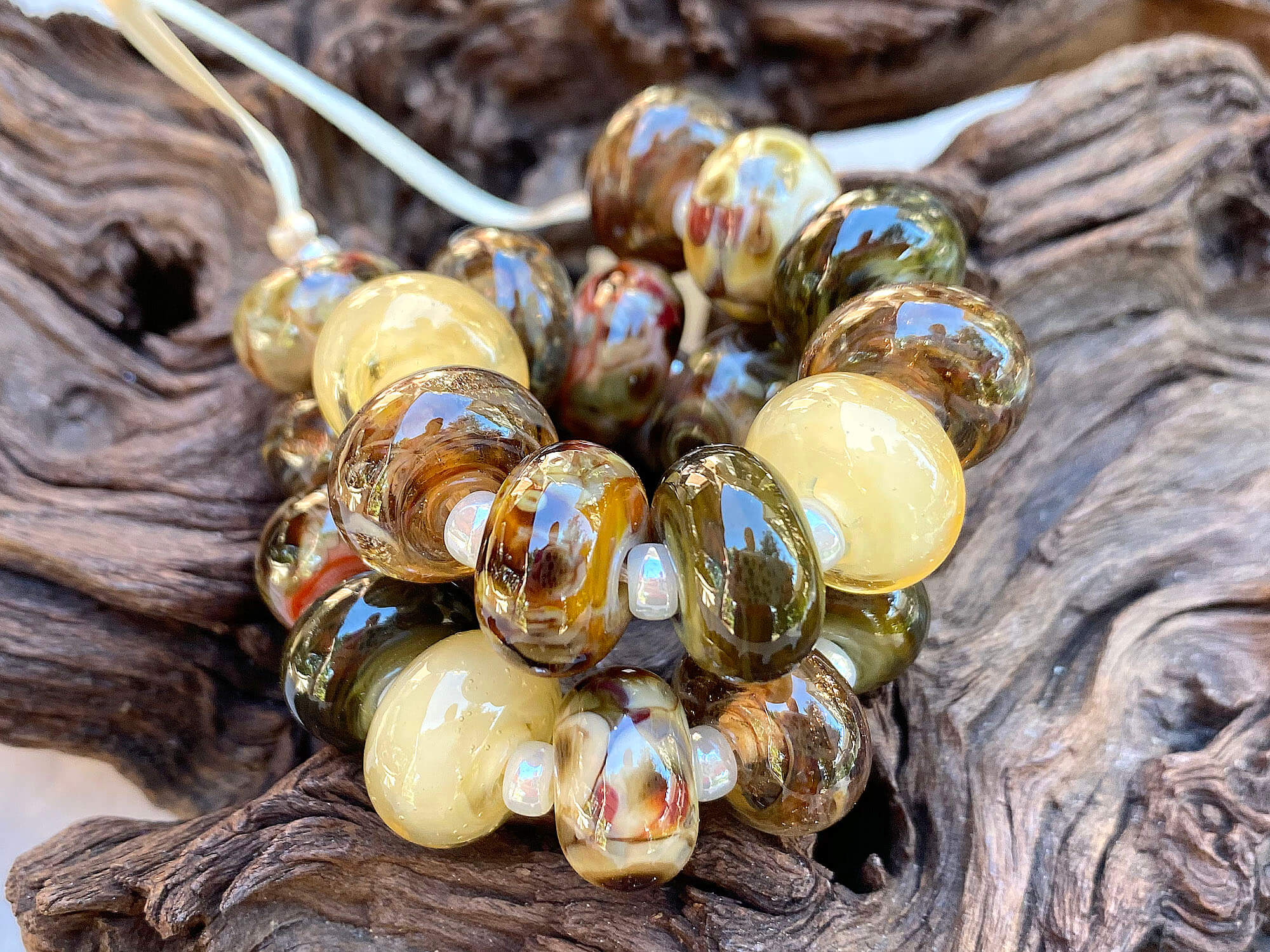 21 Brown & Green Lampwork Glass Beads Mix - Handmade SRA Jewelry Beads for Bracelets, Necklaces & DIY Craft Projects