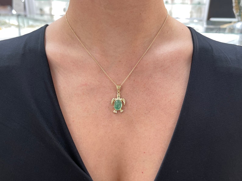 4.32 Carat 14K White Gold Emerald Sea Turtle Pendant Necklace - Ocean Inspired Jewelry for Beach Lovers, Nautical Gift for Women, Perfect for Vacation & Summer Outfits