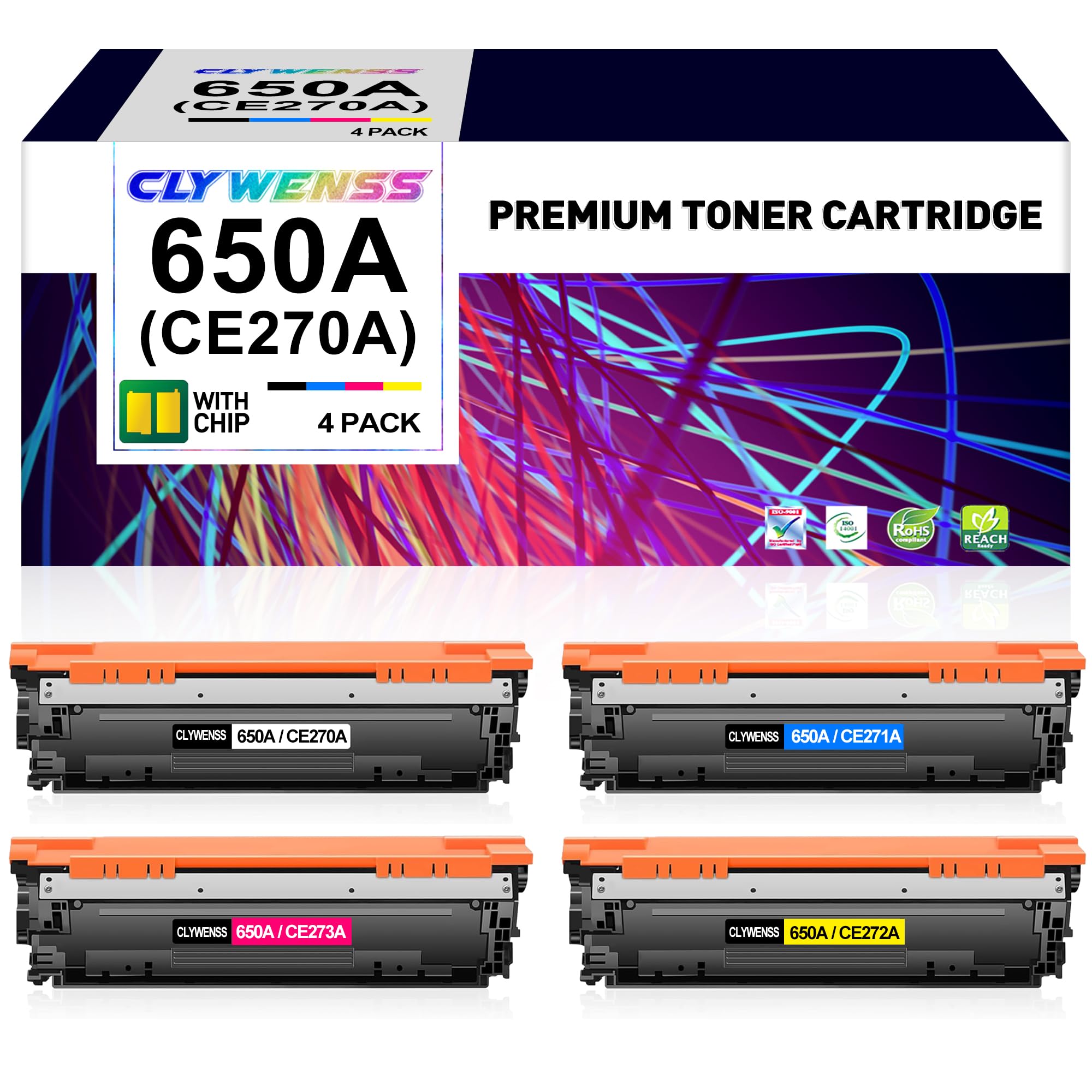 HP 650A CE270A CE271A CE272A CE273A Compatible Toner Cartridge 4-Pack (BK/C/M/Y) - High Yield Replacement for HP Color Enterprise CP5525dn CP5525n CP5525xh M750dn M750n M750xh Printers - Perfect for Office & Business Printing Needs