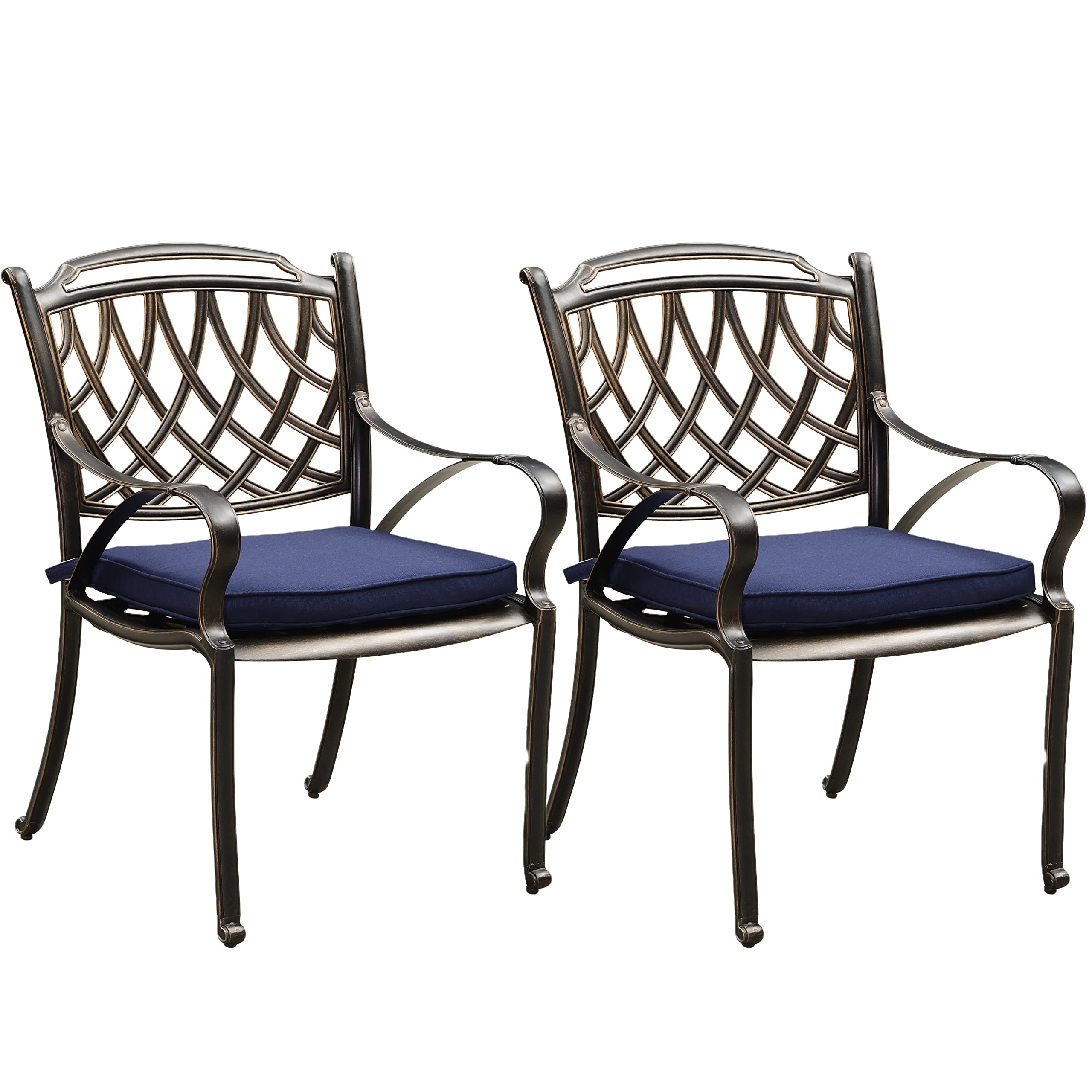 Purple Leaf Outdoor Dining Chair Set - 2 Cast Aluminum Patio Chairs with Cushions, Navy Blue Rhombic Design for Lawn, Garden & Backyard | Perfect for Outdoor Dining, Lounging & Entertaining
