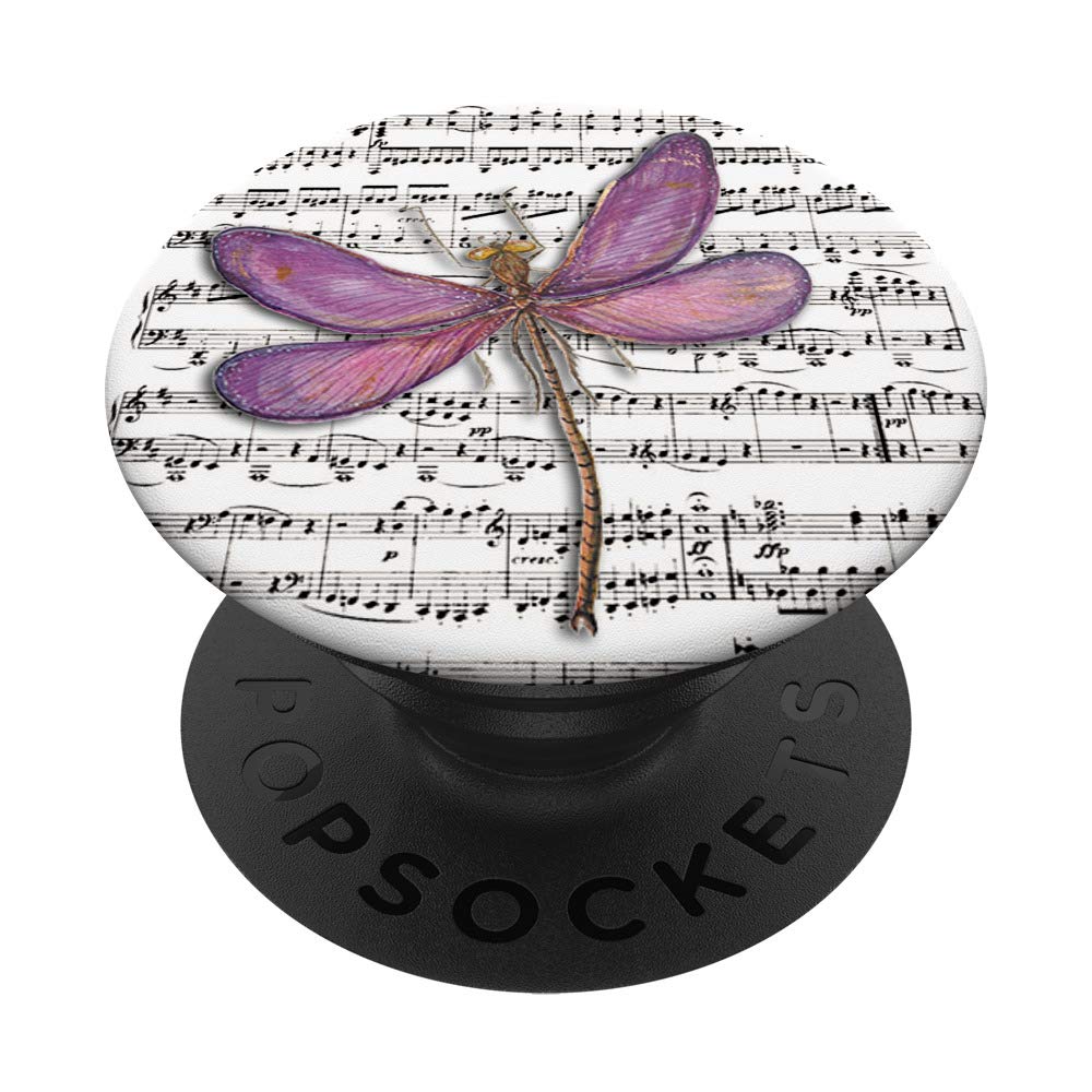 Pink Dragonfly on Music Sheet Background PopSockets PopGrip - Interchangeable Phone & Tablet Grip for Secure Hold | Perfect for Music Lovers, Students & Office Workers