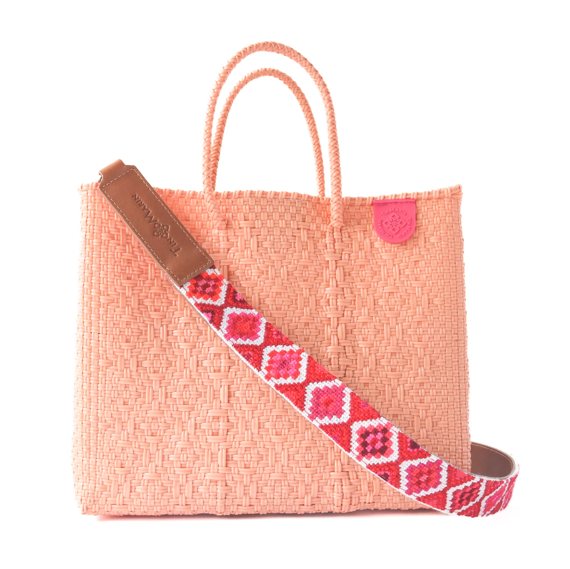 Canarias Medium Woven Crossbody Bag - Detachable Mesh Pouch, Orange Coral Beach Bag, Recycled Plastic Purse | Mexican Woven Handbag for Women | Perfect for Beach Vacations, Resort Wear & Summer Outings