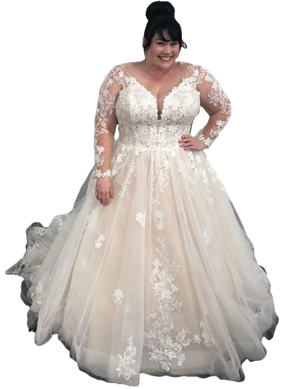 Plus Size V-Neck Wedding Dresses for Bride - Long Sleeves Lace Ball Gown with Appliques & Tulle - Elegant Formal Bridal Gowns for Church, Beach or Garden Weddings