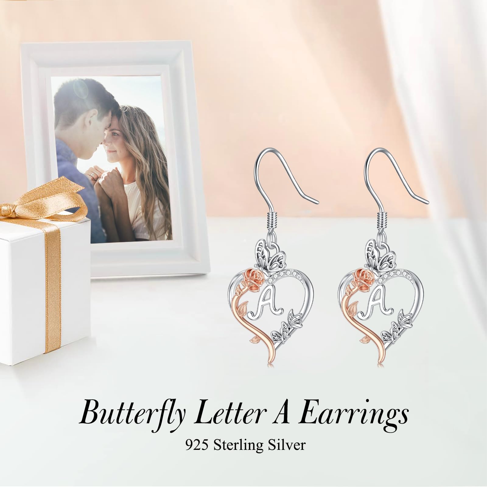 TOUPOP Sterling Silver Rose Heart Initial Earrings with Butterfly Charm - Personalized Birthday Jewelry Gifts for Women, Her, Girlfriend - Perfect for Valentine's Day, Anniversary & Special Occasions