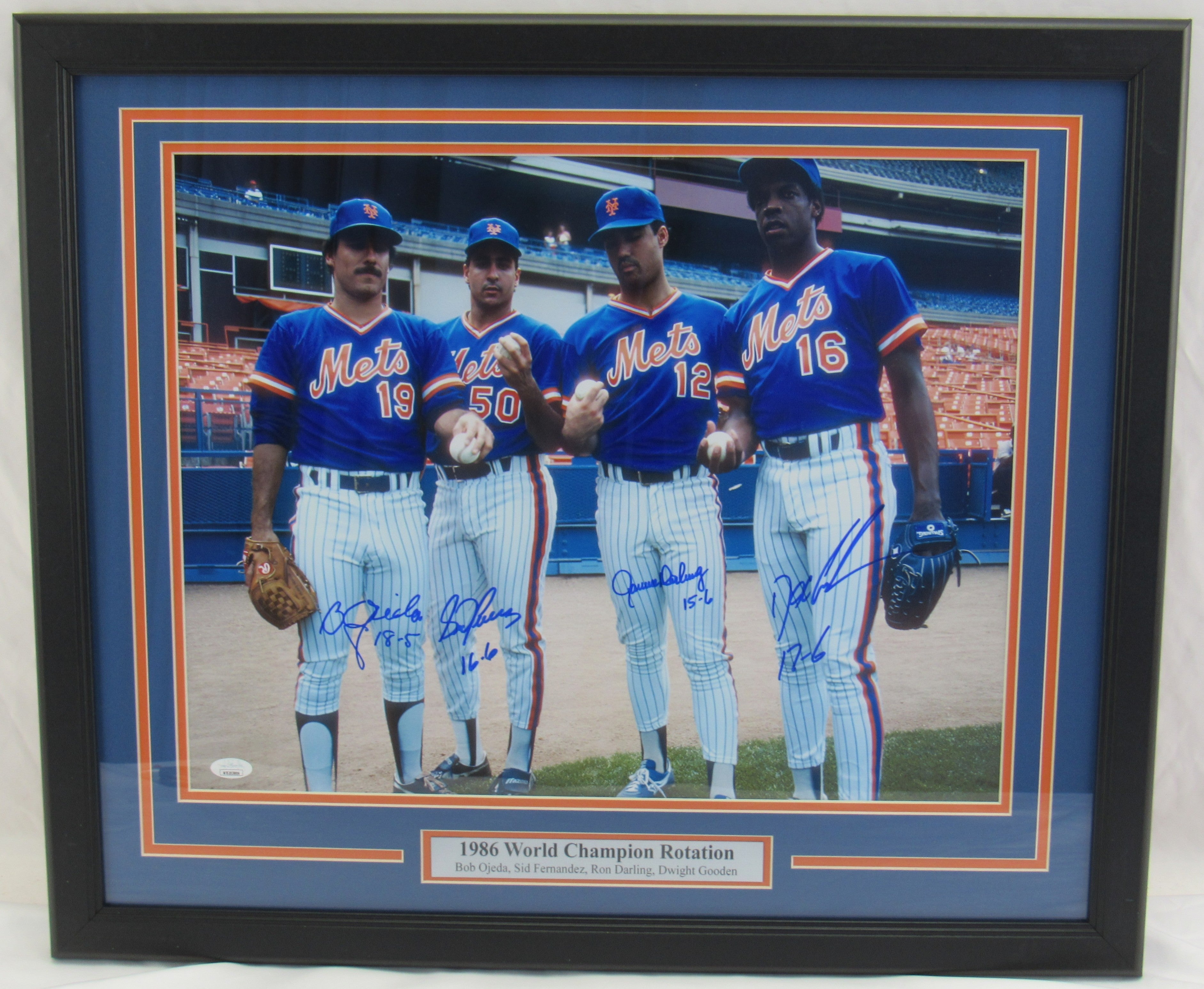 1986 New York Mets Autographed Baseball Photo - Dwight Gooden, Ron Darling, Sid Fernandez, Bob Ojeda - Framed 16x20 with JSA COA - Perfect for Sports Memorabilia Collection and Man Cave Decor