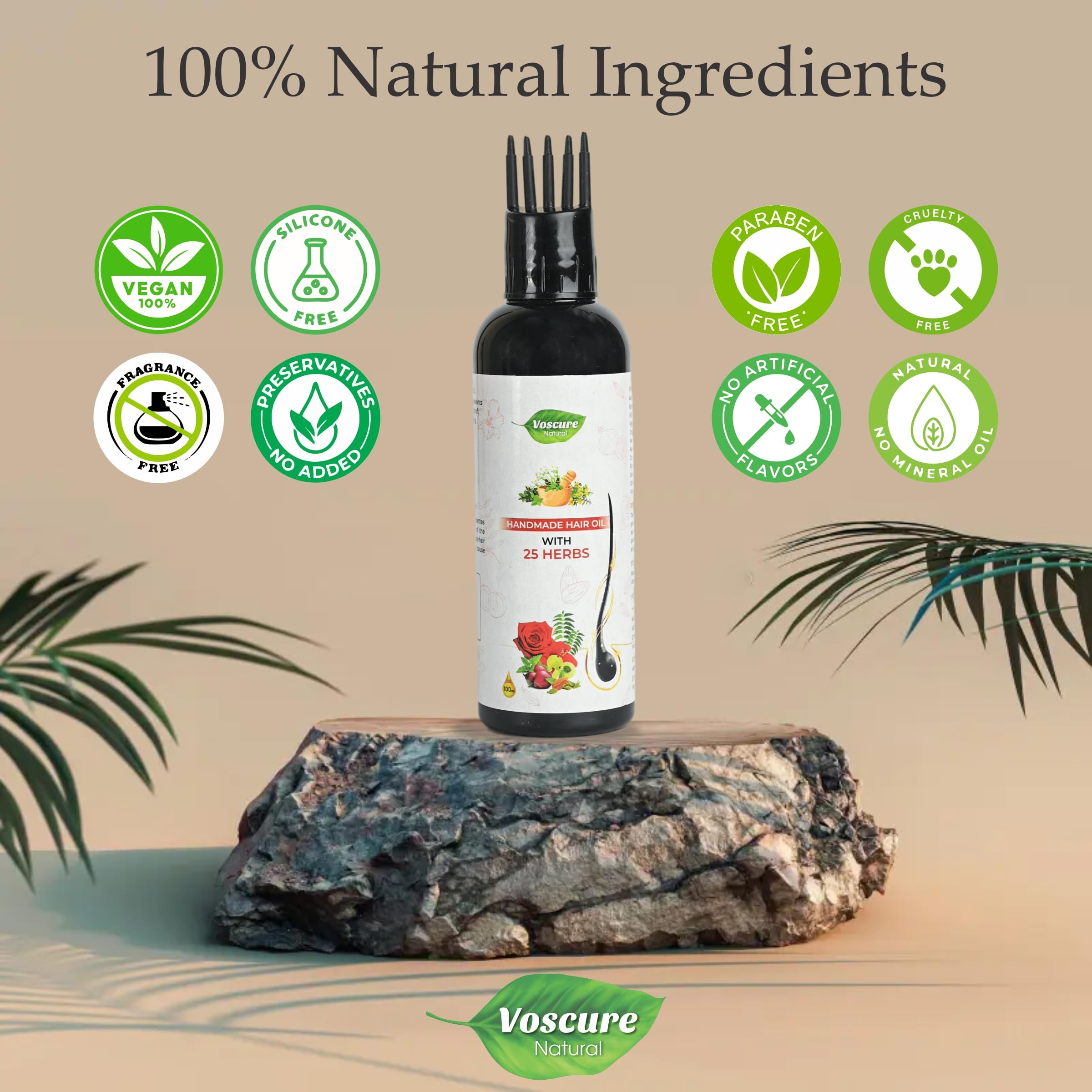 VOSCURE Natural Handmade Hair Oil with 25+ Herbs for Men & Women | Controls Dandruff & Hair Fall, Promotes Hair Growth & Thickness | Herbal Treatment for Dry, Damaged Hair | 100ml | Perfect for Daily Scalp Massage & Hair Care Routine
