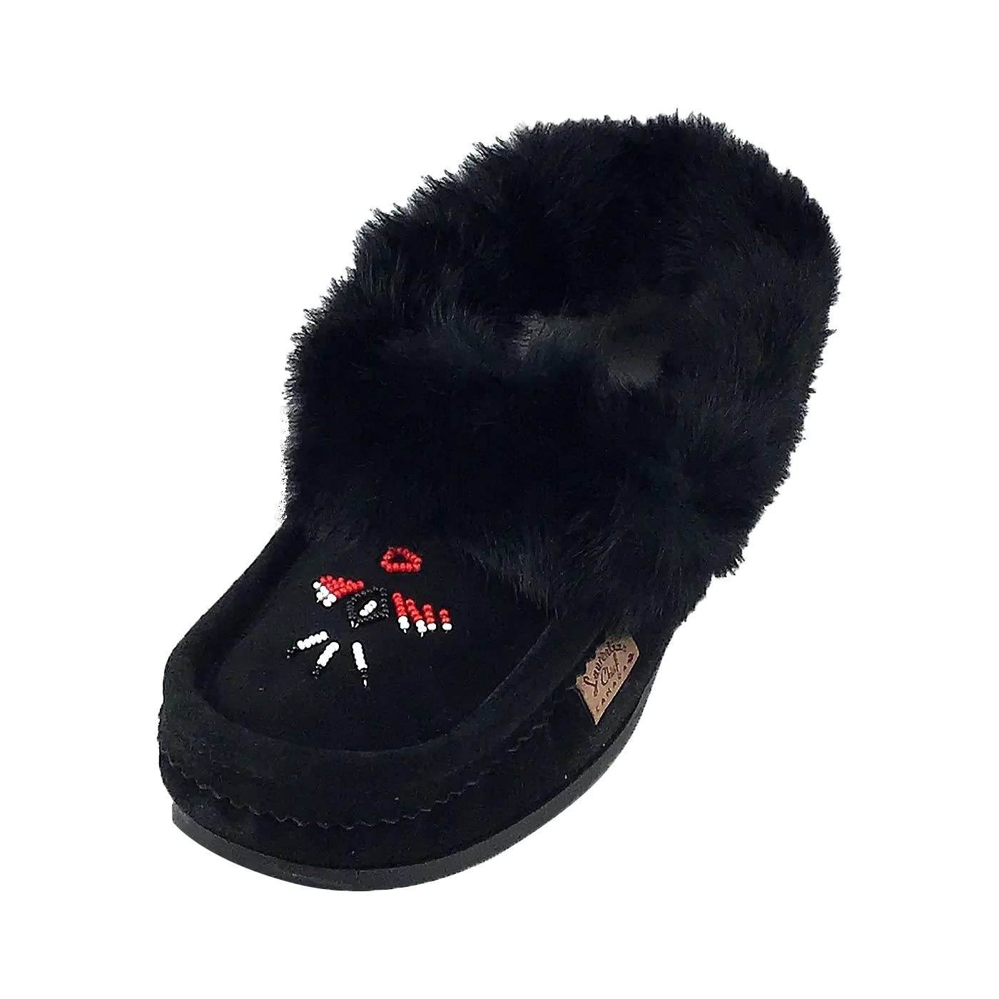 Laurentian Chief Men's Suede Slippers with Rabbit Fur Collar - Soft Sole Moccasins for Indoor Comfort & Cozy Home Wear