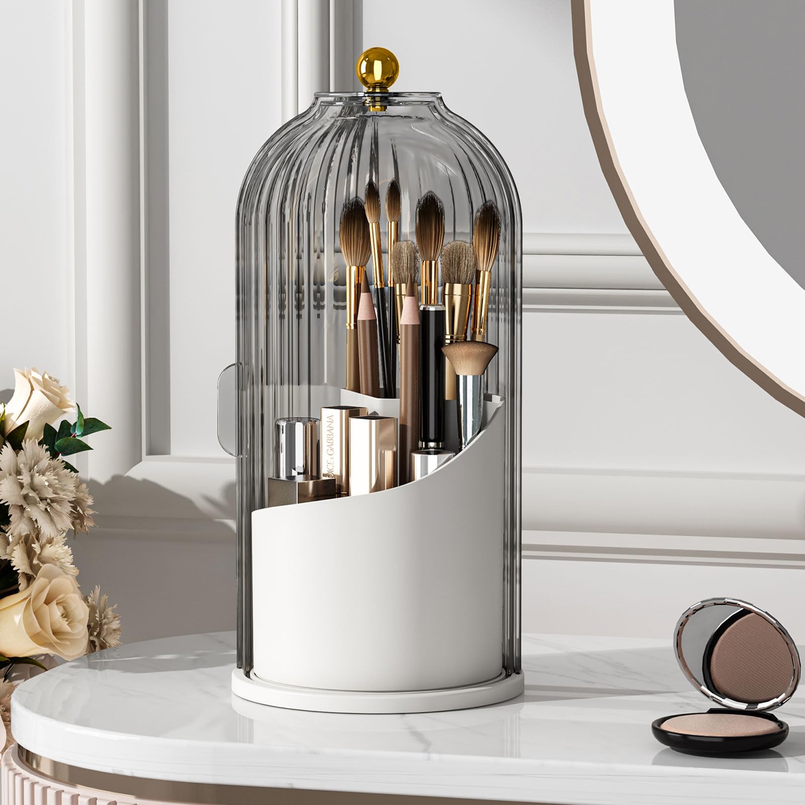 360° Rotating Clear Makeup Brush Holder with Lid - Dustproof Vanity Organizer for Bathroom Countertop & Makeup Table (Gray) | Perfect for Travel, Home & Salon Use