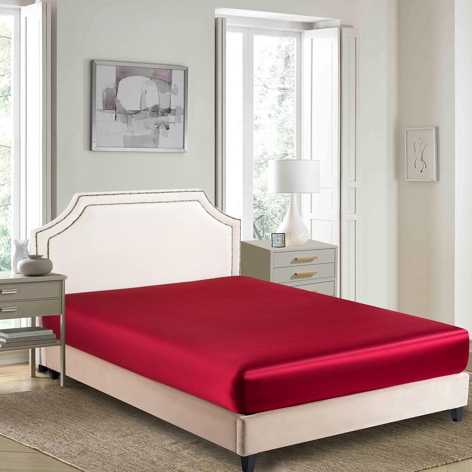 Luxury Satin Fitted Sheet Queen Size - 1 Piece Ultra Soft Deep Pocket Silk Bottom Bed Sheet - Burgundy Red - Perfect for Master Bedroom, Guest Room & Hotel Use