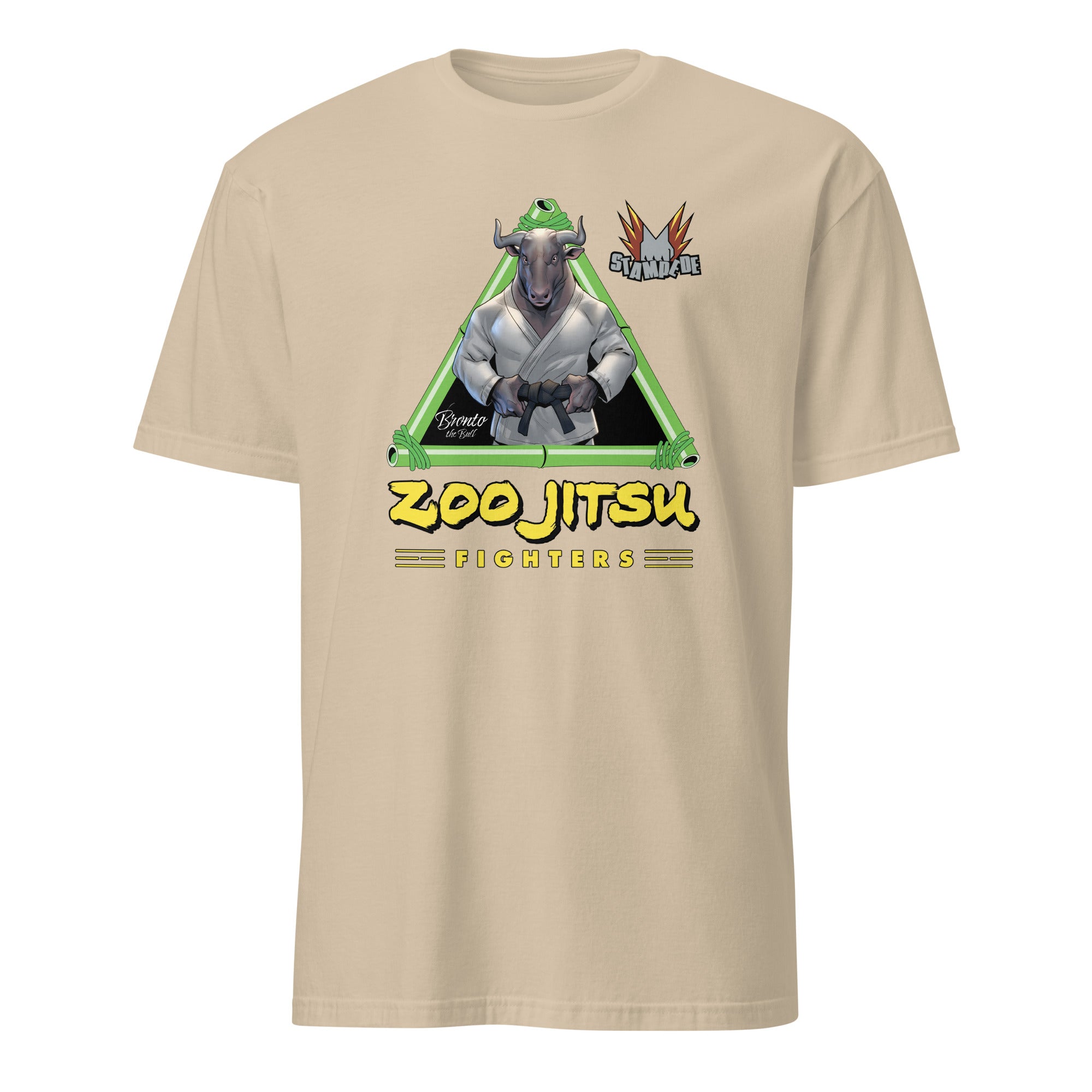 Zoo Jitsu Fighters Bronto the Bull Graphic T-Shirt - Unisex Short Sleeve Cotton Tee - Funny Animal MMA Shirt for Men & Women - Perfect for Gym, Casual Wear & Gifts