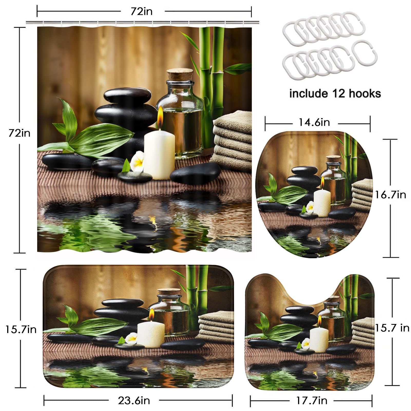 ArtSocket Spa Bamboo Bathroom Set - 4 Piece Shower Curtain, Rug & Accessories | Natural Oil Wood Massage Candle, Modern Water Bamboo Design in Tropical Green | Perfect for Bathroom Decor, Relaxing Spa Experience & Tropical Themed Home