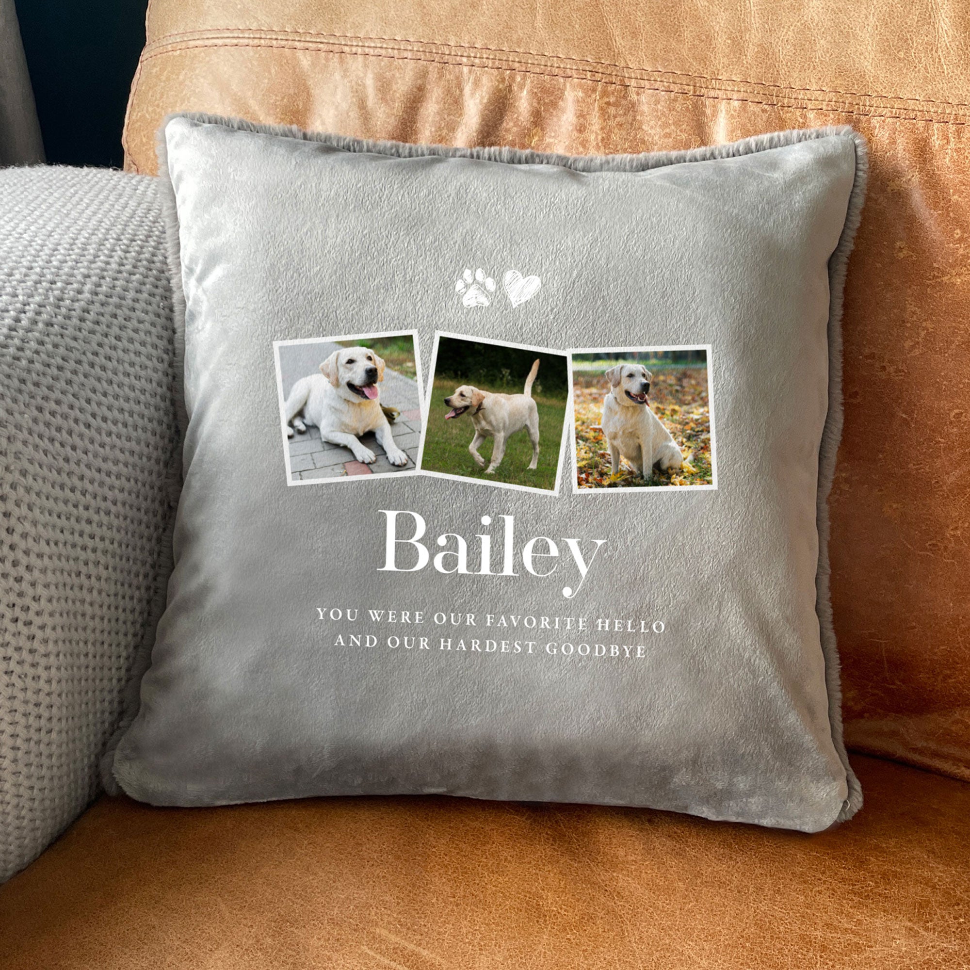 Personalized Custom Photo Pet Memorial Cushion with Faux Fur - 3 Pictures & Any Message - Perfect for Grieving Pet Owners, Home Decor, and Comforting Gifts