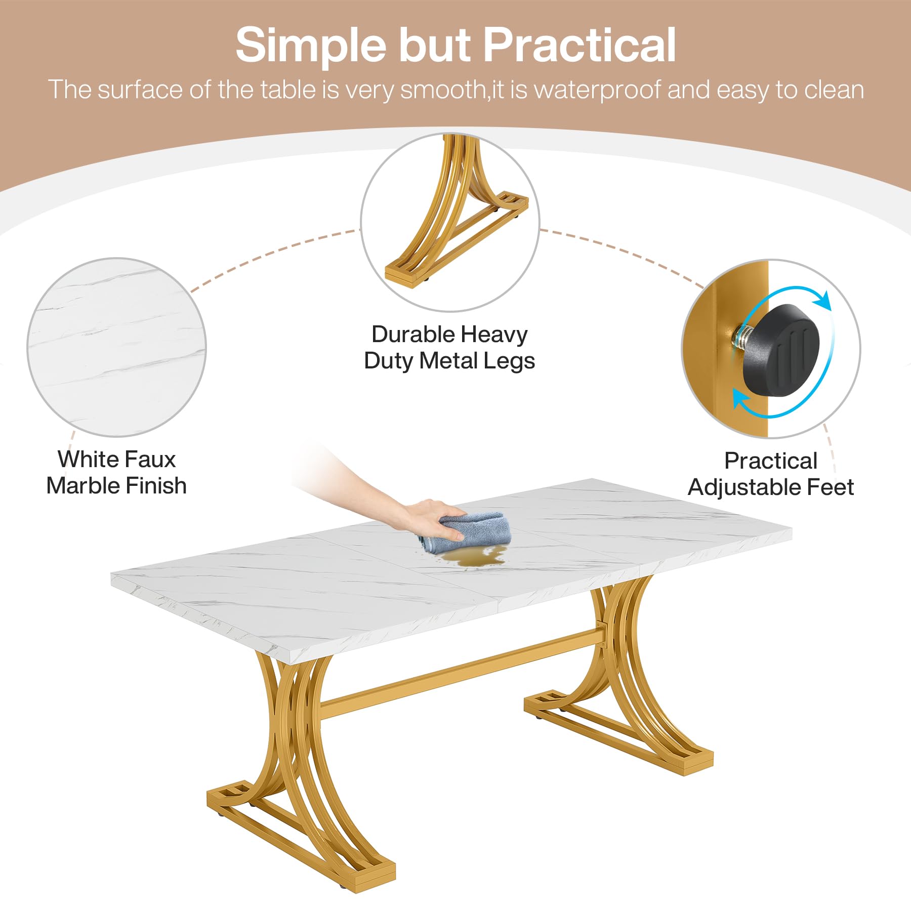 Tribesigns 63-Inch Modern Rectangular Dining Table for 4-6 People - White Faux Marble Top with Gold Metal Legs - Kitchen & Dining Room Furniture for Family Gatherings, Dinner Parties & Home Decor