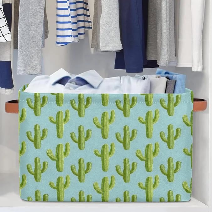 Green Cactus Large Storage Baskets - 2 Pack Fabric Closet Organizers with Handles, Decorative Collapsible Shelving Bins for Home Organization | Perfect for Clothes, Toys & Bedroom Storage