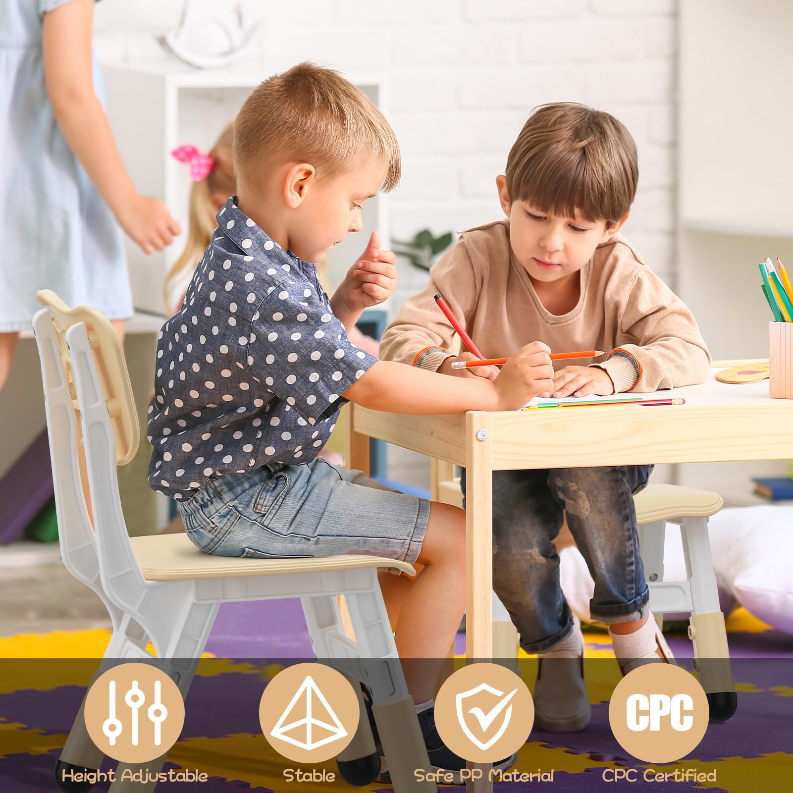 GAOMON Kids Chairs 2 Pack - 3 Level Height Adjustable Toddler Chairs for Boys & Girls Age 2-6, Durable Plastic Children's Chairs for Home, Classroom, Nursery - Natural Color (Perfect for Learning, Eating & Playtime Activities)