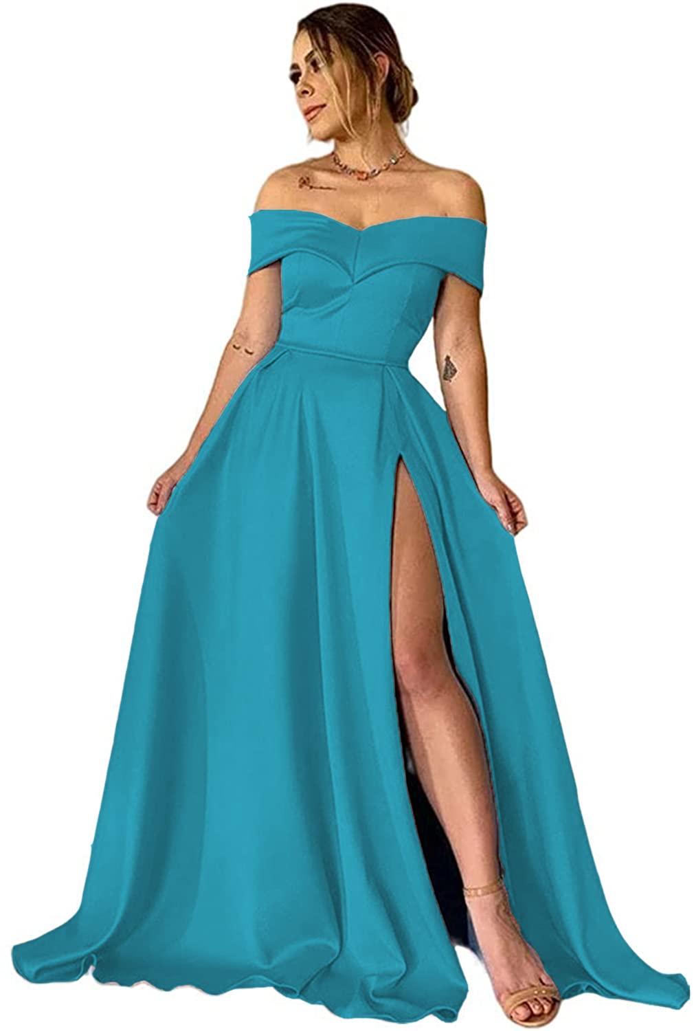 Stylefun Women's Off Shoulder Satin Prom Dress - Elegant Long Formal Gown with Side Slit & Hidden Pocket for Homecoming, Evening Party & Special Occasions