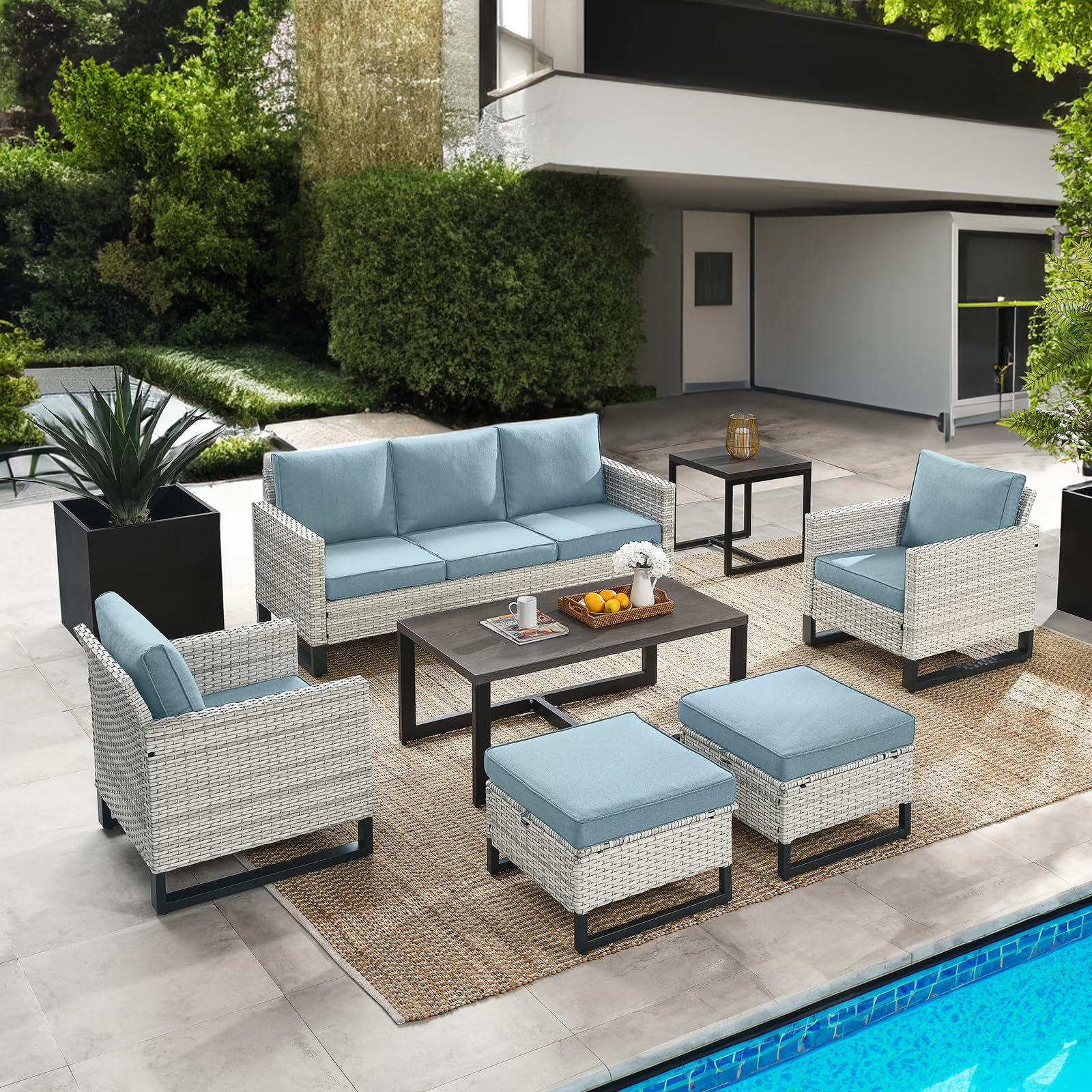 HUMMUH 7-Piece All-Weather Patio Set with Sofa, Coffee Table & Ottomans for Garden, Backyard & Outdoor Relaxation