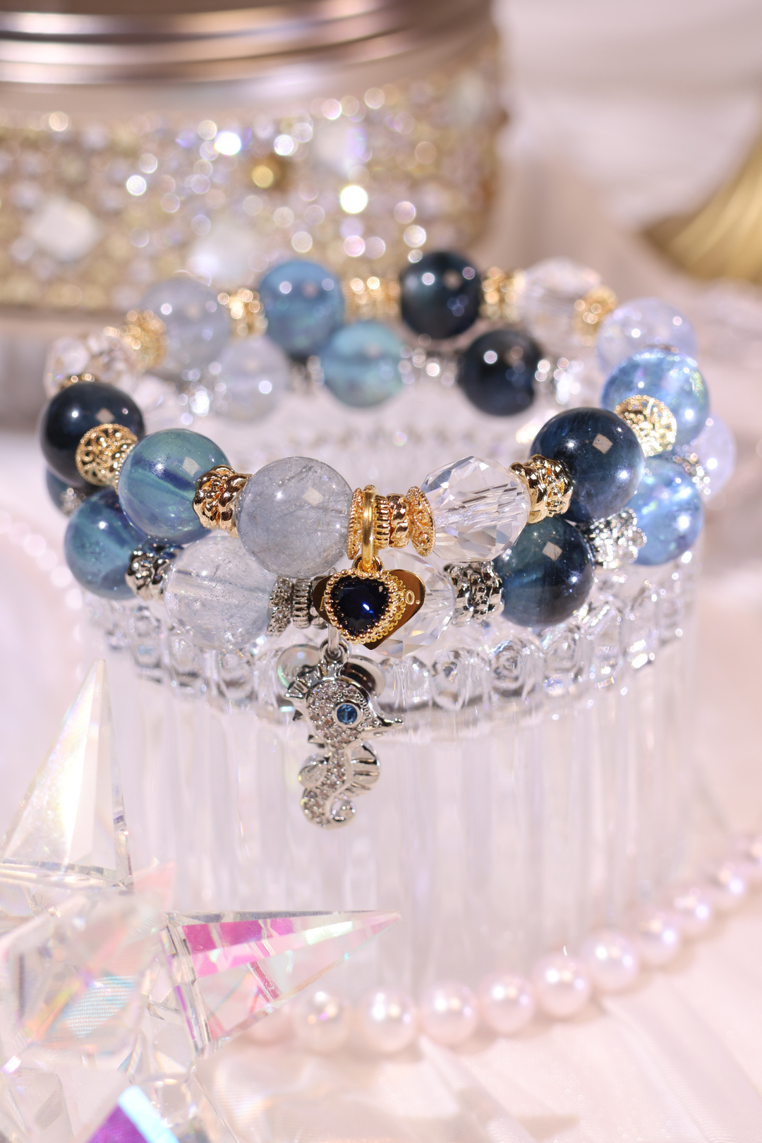 INTENTION Glam 10mm Beaded Bracelet for Communication & Peace - Spiritual Jewelry for Meditation, Yoga, and Positive Energy (Adjustable, Unisex)
