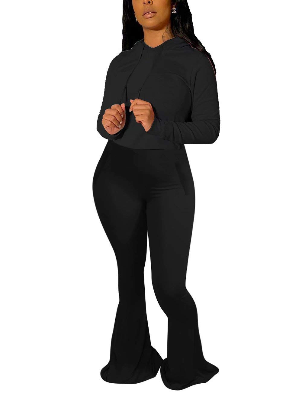 Women's Two Piece Outfit - Long Sleeve Crop Top & Flare Pants Set | Bodycon Tracksuit Jumpsuit for Workout, Yoga & Casual Wear