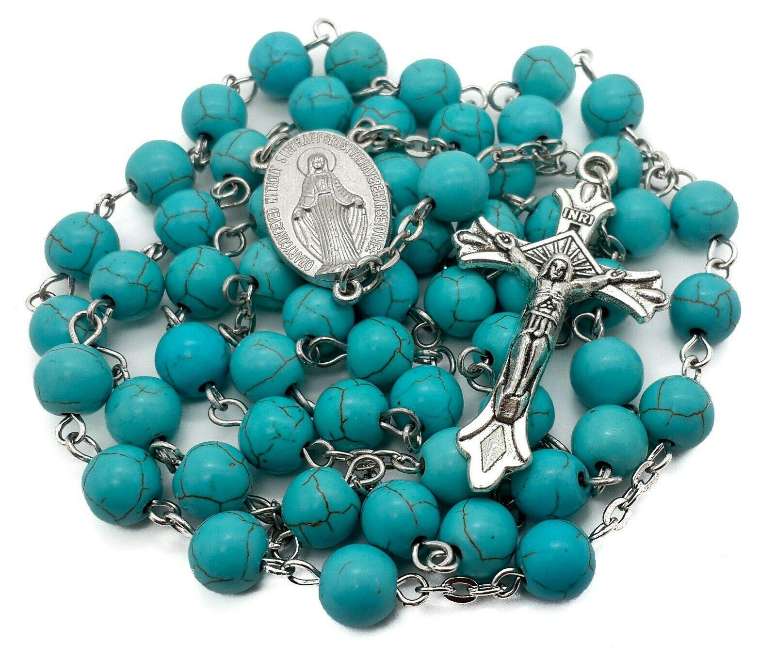 Sky Blue Turquoise Stone Beads Rosary Prayer Necklace with Miraculous Medal & Jesus Cross - Catholic Religious Jewelry for Prayer, Meditation and Spiritual Gifts