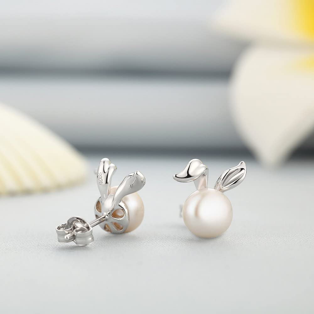 925 Sterling Silver Cat/Deer/Rabbit/Bird Pearl Stud Earrings - Dainty Animal Pearl Earrings for Women | Perfect for Everyday Wear, Gift Giving & Special Occasions