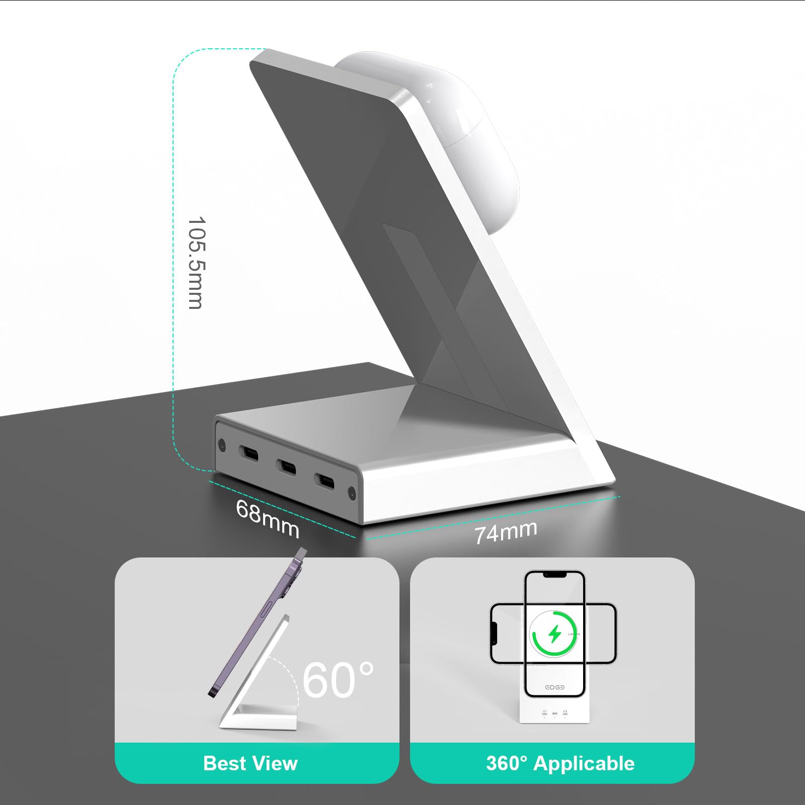 3-in-1 MagSafe Wireless Charging Stand - 45W USB-C Fast Charger for iPhone 16/15/14/13/12 Pro/Max & Samsung Galaxy - Bedside Nightstand & Office Desk Charging Station