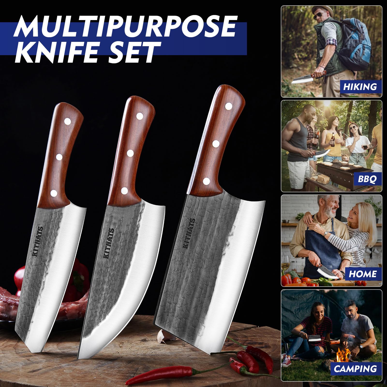 3PCS Premium Hand Forged Butcher Knife Set - Meat Cleaver & Kiritsuke Knife for Professional Meat Cutting | Perfect for Home Kitchen, Outdoor Cooking, Camping BBQ & Gift for Men