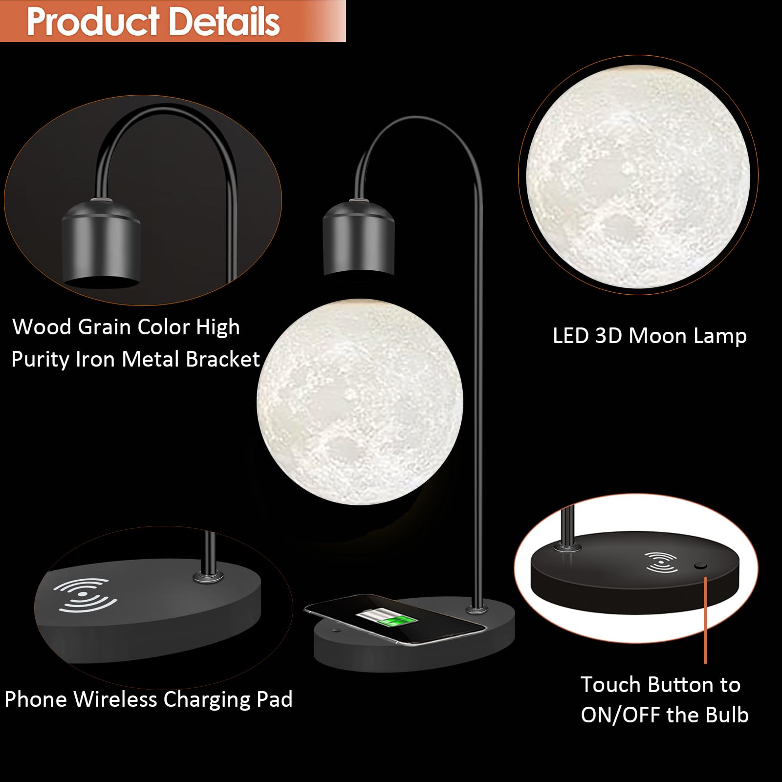 Zero Gravity Floating Moon Lamp - Magnetic Levitating LED Night Light with Wireless Charging Pad, Black Plastic Desk Decor for Home, Office & Gifts | Bedroom, Living Room, Nursery Night Light