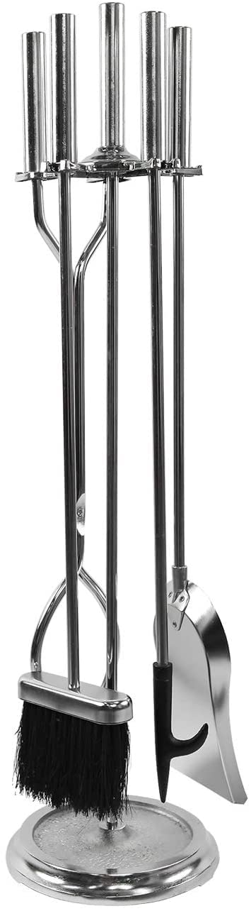 Premium 5-Piece Neoclassical Fireplace Tool Set - Polished Chrome Finish for Fireplace Maintenance & Home Decor | Perfect for Living Rooms, Fireplace Cleaning & Cozy Winter Nights