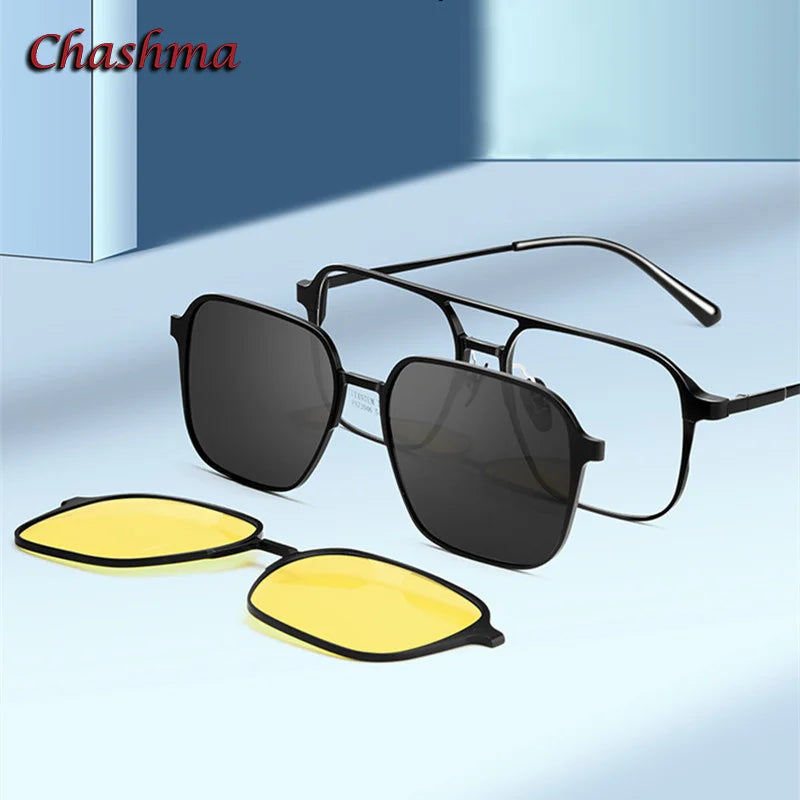 Men's Titanium Square Full Rim Eyeglasses with Double Bridge & Clip-On Sunglasses - Stylish & Durable for Work, Driving, and Outdoor Activities (Model 72046)