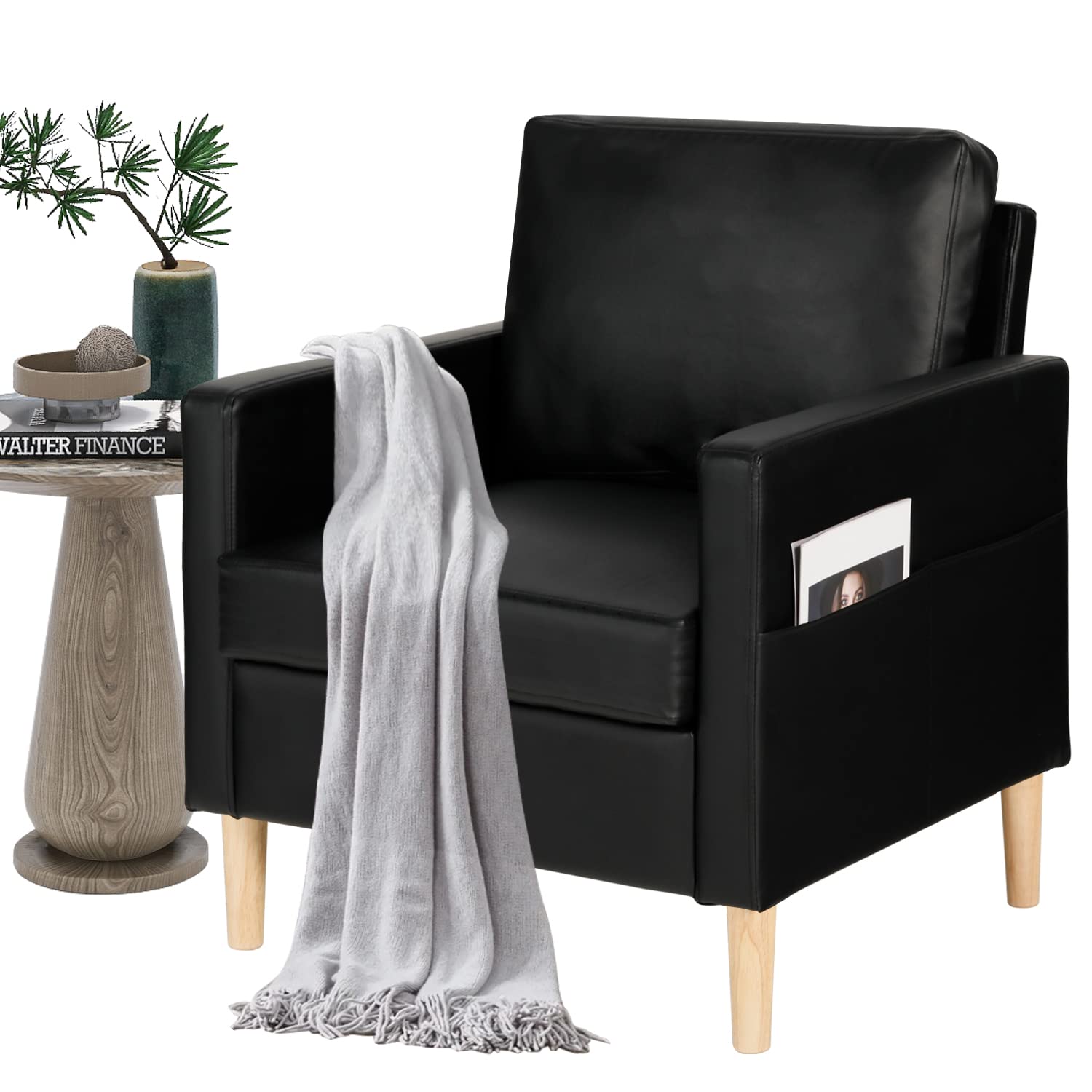 TYBOATLE Faux Leather Accent Chair - Mid-Century Modern Upholstered Armchair with Armrest Pockets, Comfortable Single Seater for Living Room, Bedroom & Office - Perfect for Reading, Lounging & Relaxing (Black)