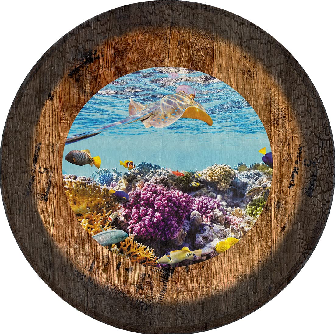 PS Prints Tropical Coral Sea Ray Beach Wall Art - Large Oak Whiskey Barrel Lid Decor for Coastal, Nautical & Beach House Themes - Perfect for Living Room, Bedroom or Beach Cottage Decor