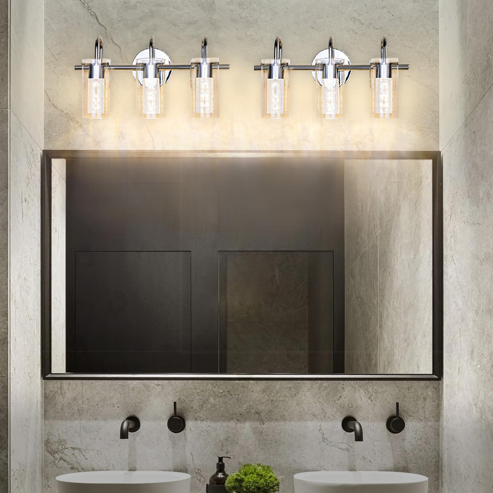 Brushed Nickel Vanity Lights - 3-Light LED Bathroom Mirror Lighting with Dimmable Eye Protection, Crystal Bubble Glass Shade (White/Neutral/Warm Light) for Bathroom, Bedroom & Hallway Wall - Perfect for Makeup Vanity, Dressing Room & Modern Home Decor
