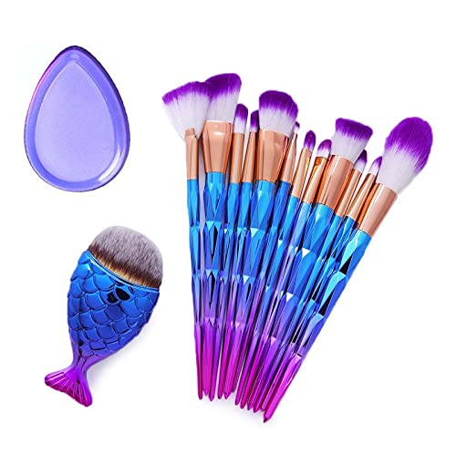 12-Piece Professional Diamond Handle Makeup Brush Set with Fish Tail - Foundation, Blush, Concealer, Eyeshadow, Lip & Face Brushes for Powder/Liquid/Cream - Includes Silicone Sponge - Perfect for Everyday Makeup & Professional Makeup Artists