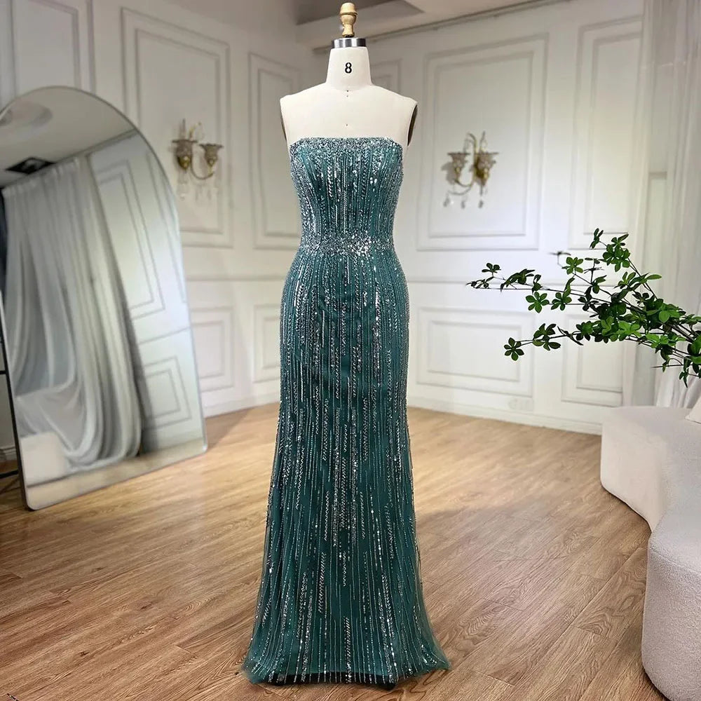 Elegant Light Blue Pearls Luxury Dubai Evening Dress - Strapless Gown LA71950 for Prom, Wedding, and Formal Events