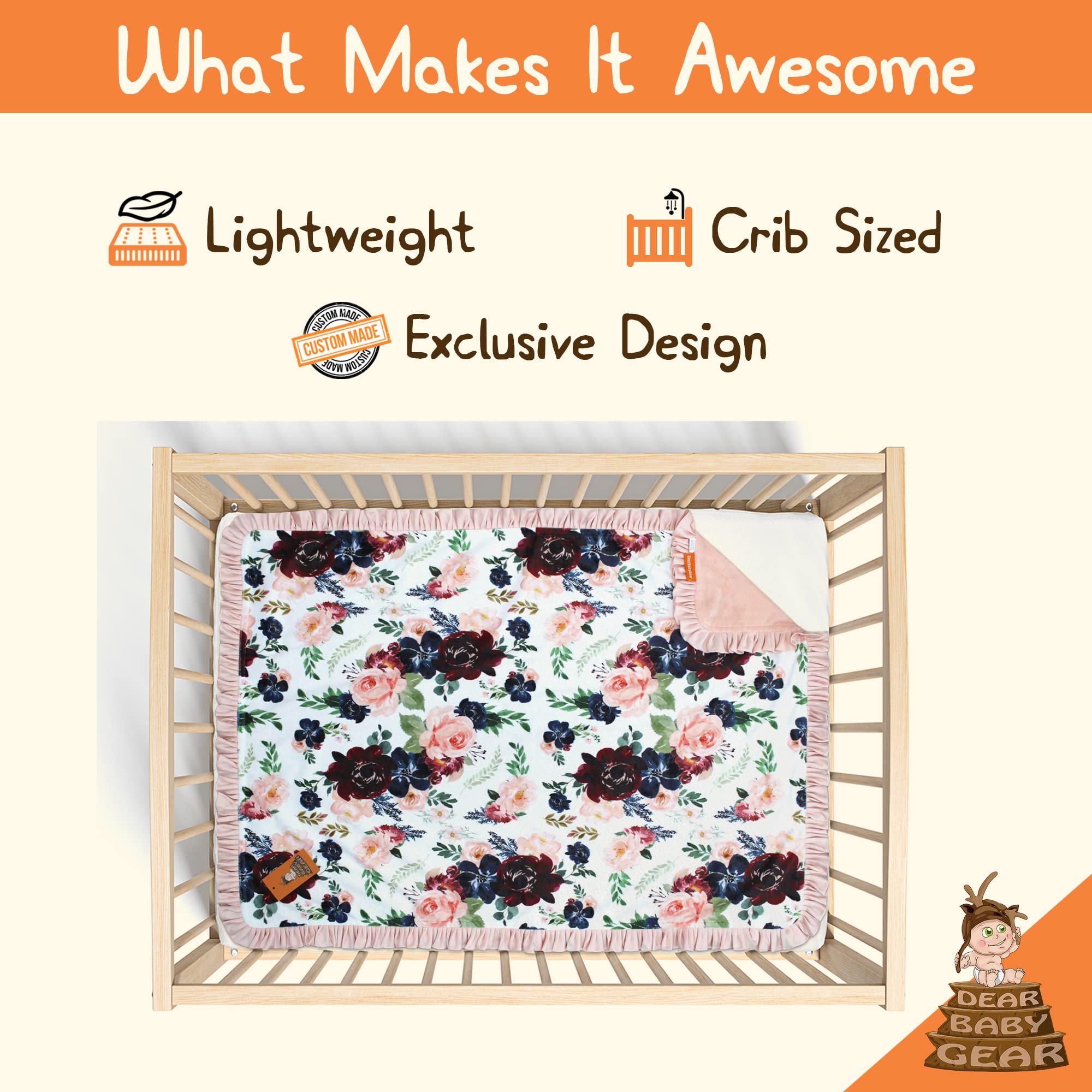 Dear Baby Floral Blanket - Reversible Baby Gift for Newborns - Burgundy Navy Floral - Nursery & Photo Shoots