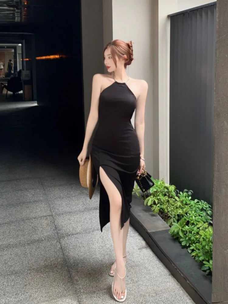 Vintage Black Chain Halter Dress - Elegant Off Shoulder Backless Bodycon Evening Gown with High Slit for Party, Club, Prom & Date Night