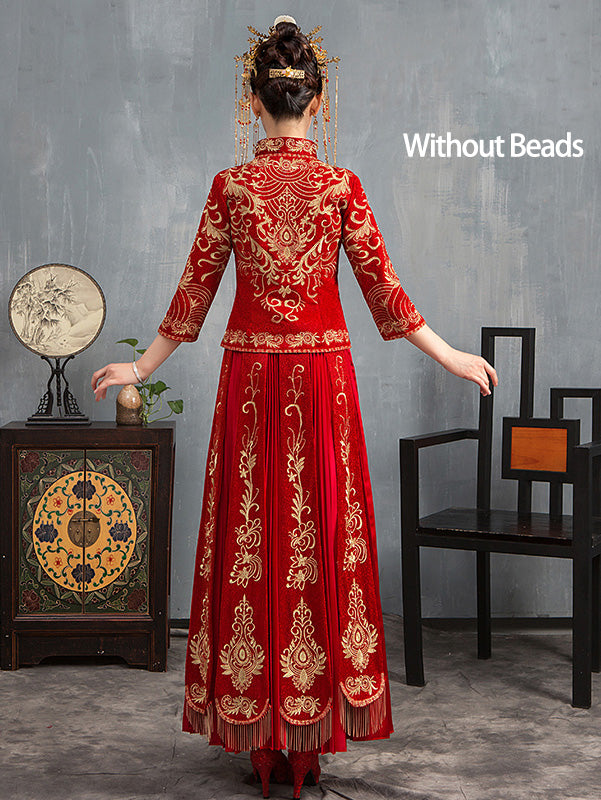 Exquisite Beaded Embroidered Wedding Qun Kwa Dress with Pleated Skirt - Traditional Chinese Bridal Gown for Wedding Ceremony & Photoshoot