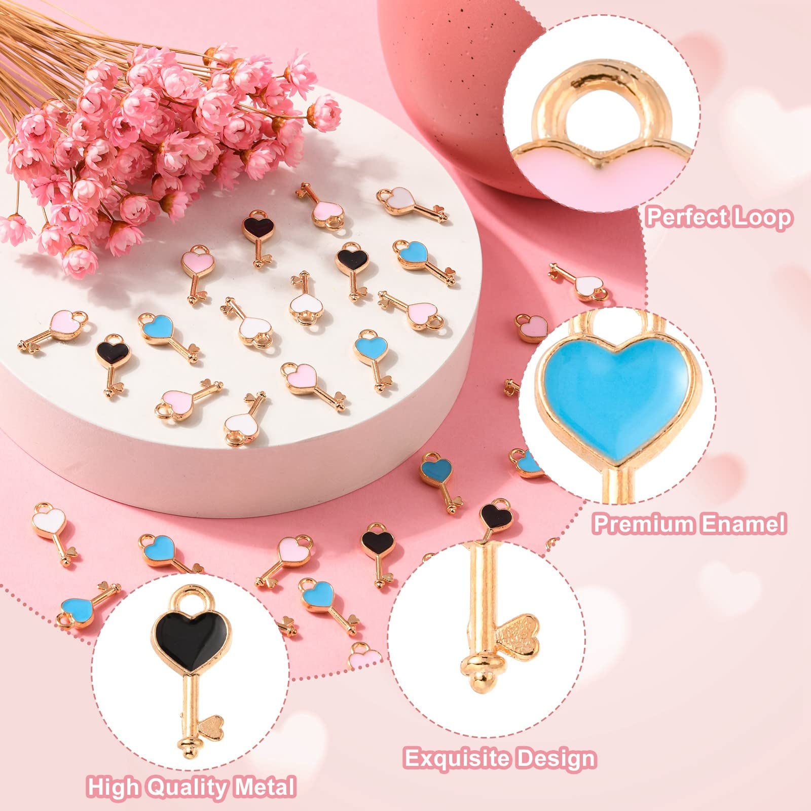 DanLingJewelry 100pcs Random Color Alloy Enamel Heart Key Charms - Mini Love Theme Pendants for DIY Jewelry Making, Bracelets & Keychains - Perfect for Gifts, Crafts & Accessories