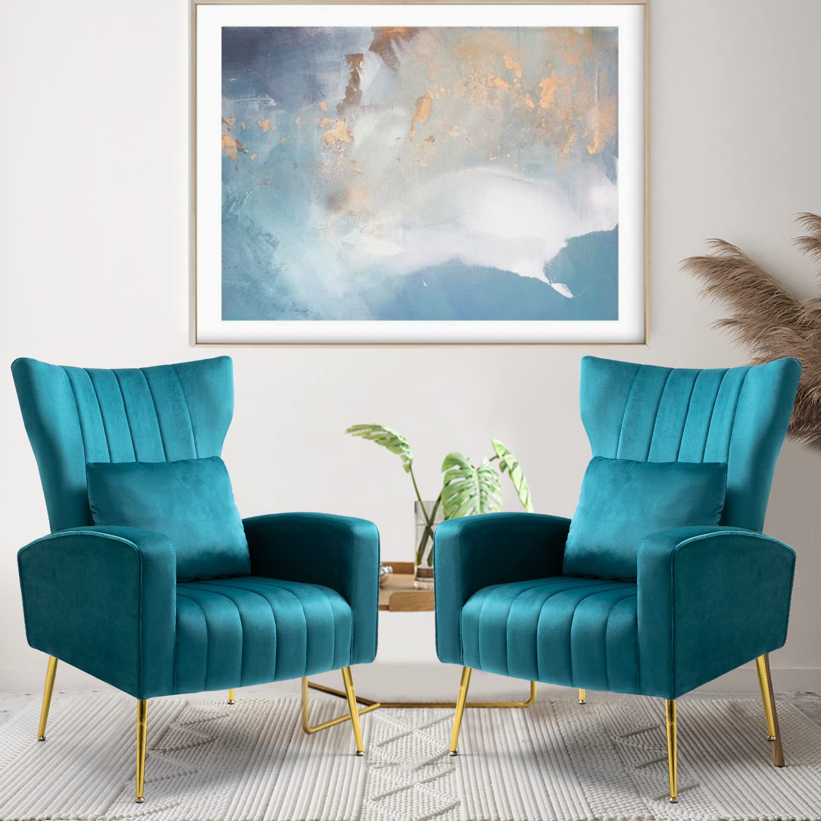X-VOLSPORT Velvet Accent Chairs Set of 2 - Mid Century Modern High Back Living Room Chairs with Waist Pillow & Gold Metal Legs - Upholstered Armchairs for Bedroom, Club, Office & Lounge (Blue)