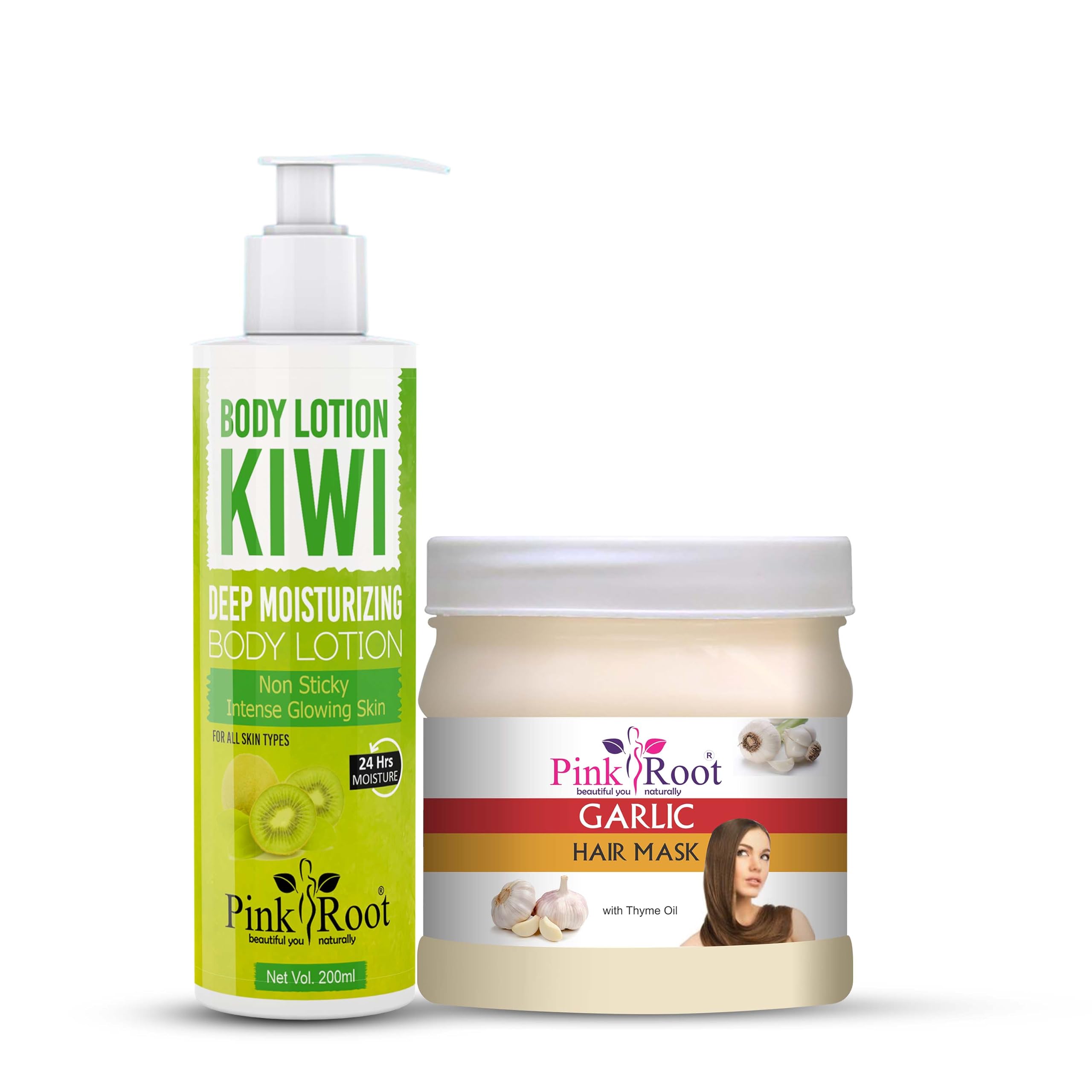 Pink Root Kiwi Body Lotion 200ml & Garlic Hair Mask 500gm Set - Hydrating Moisturizer for Dry Skin & Hair Repair Treatment | Perfect for Daily Skincare & Spa Day at Home