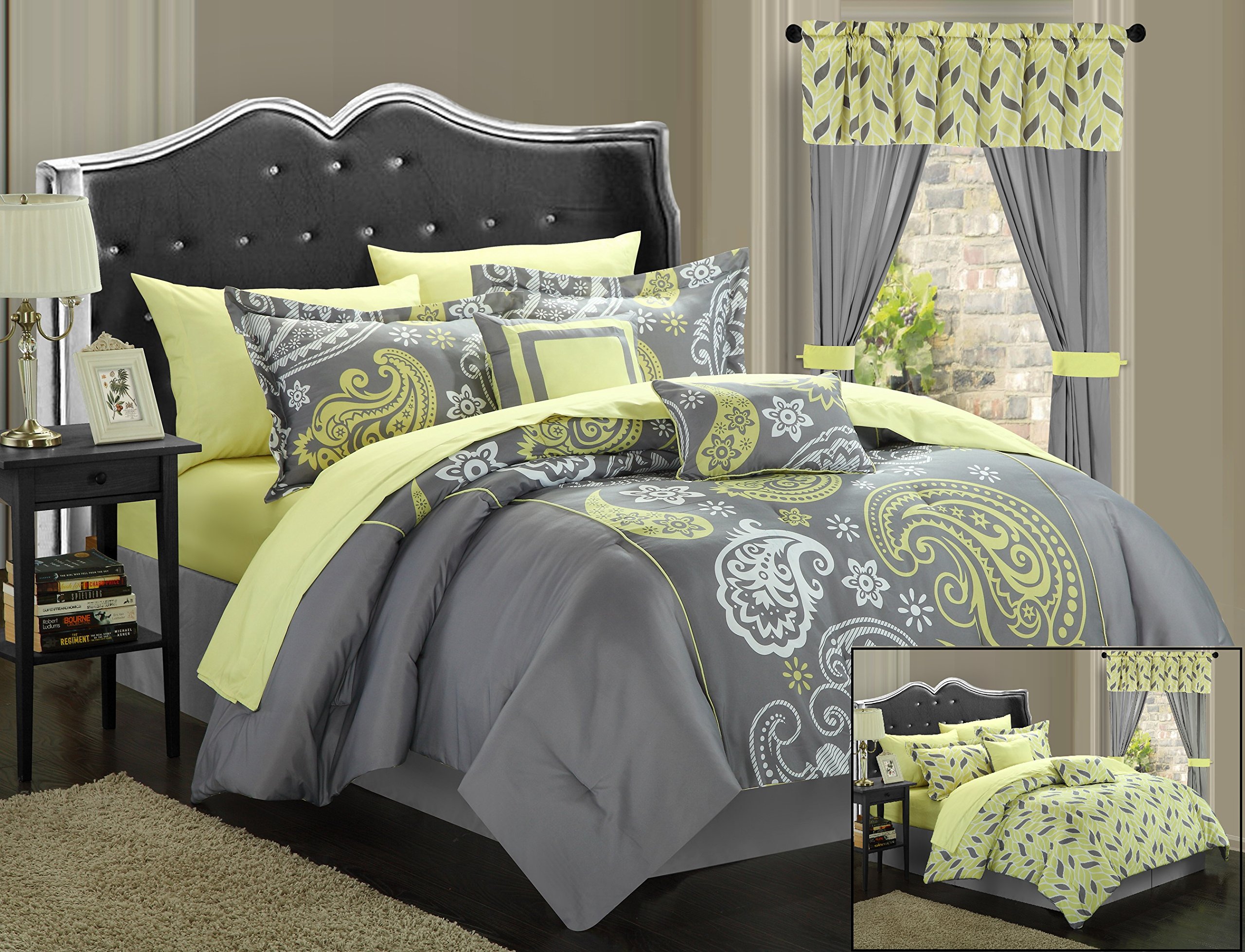 Chic Home Olivia 20-Piece Reversible Paisley Print Comforter Set - King Size Grey Bedding with Sheet Set, Window Curtains & Decorative Pillows | Complete Bed in a Bag for Master Bedroom, Guest Room & Dorm Decor