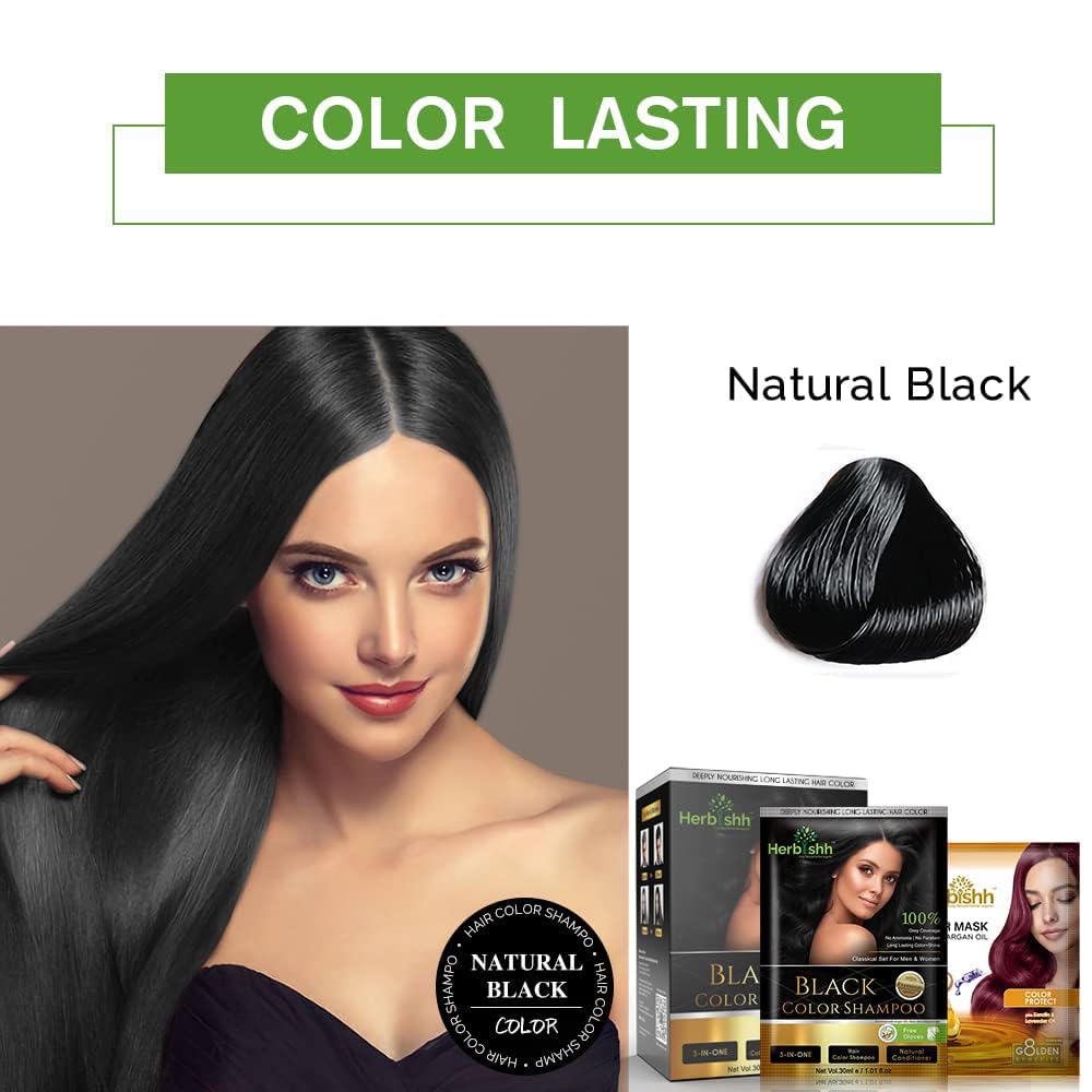 Herbishh Gray Hair Color Shampoo (Black) & Hair Wax Stick - Natural Hair Dye for Women & Men - Covers Gray Hair Instantly at Home or Salon