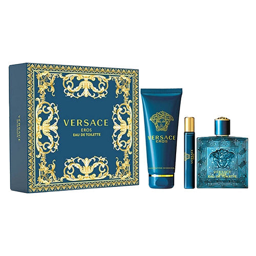 Versace Eros Cologne Gift Set for Men - 3 Piece Eau de Toilette Spray, After Shave & Body Lotion | Luxury Fragrance Set for Date Night, Special Occasions & Gifts