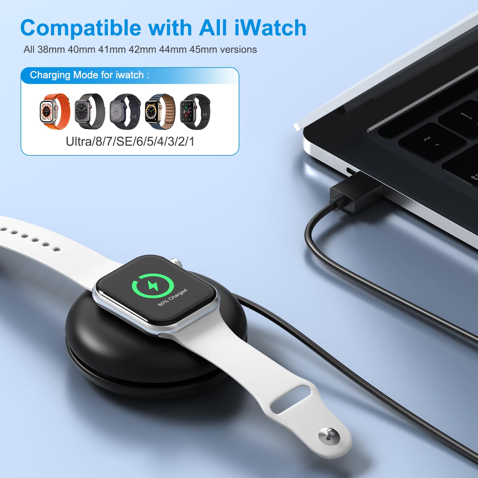 2-Pack Apple Watch Charger with USB-A Plug & 3.3ft Cable | Portable Charging Case | Compatible with All iWatch Series (Black) - Perfect for Travel, Gym & Daily Charging